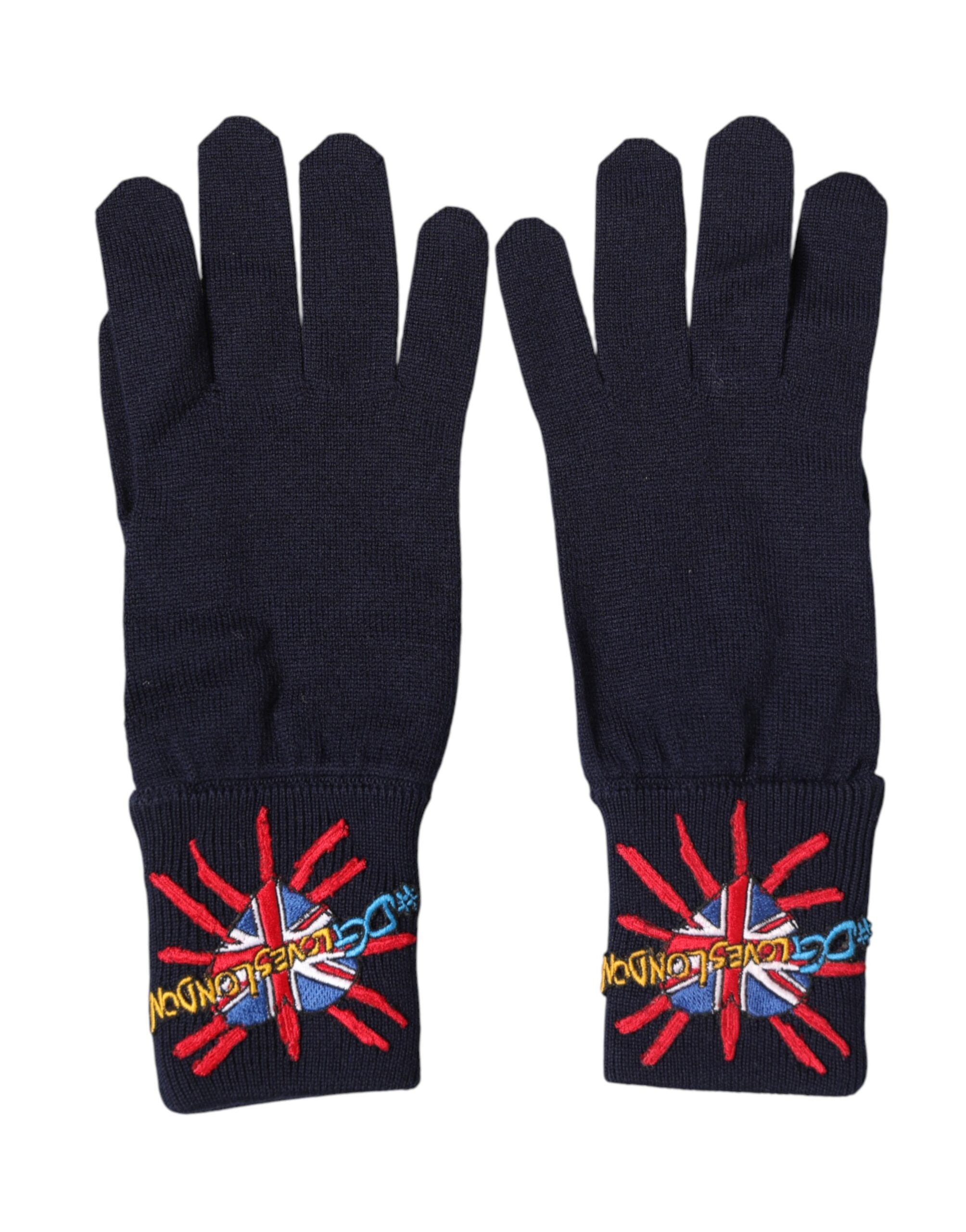 Dolce & Gabbana Blue Wool Knit #DGLovesLondon Embroidered Mitten Gloves Dolce & Gabbana