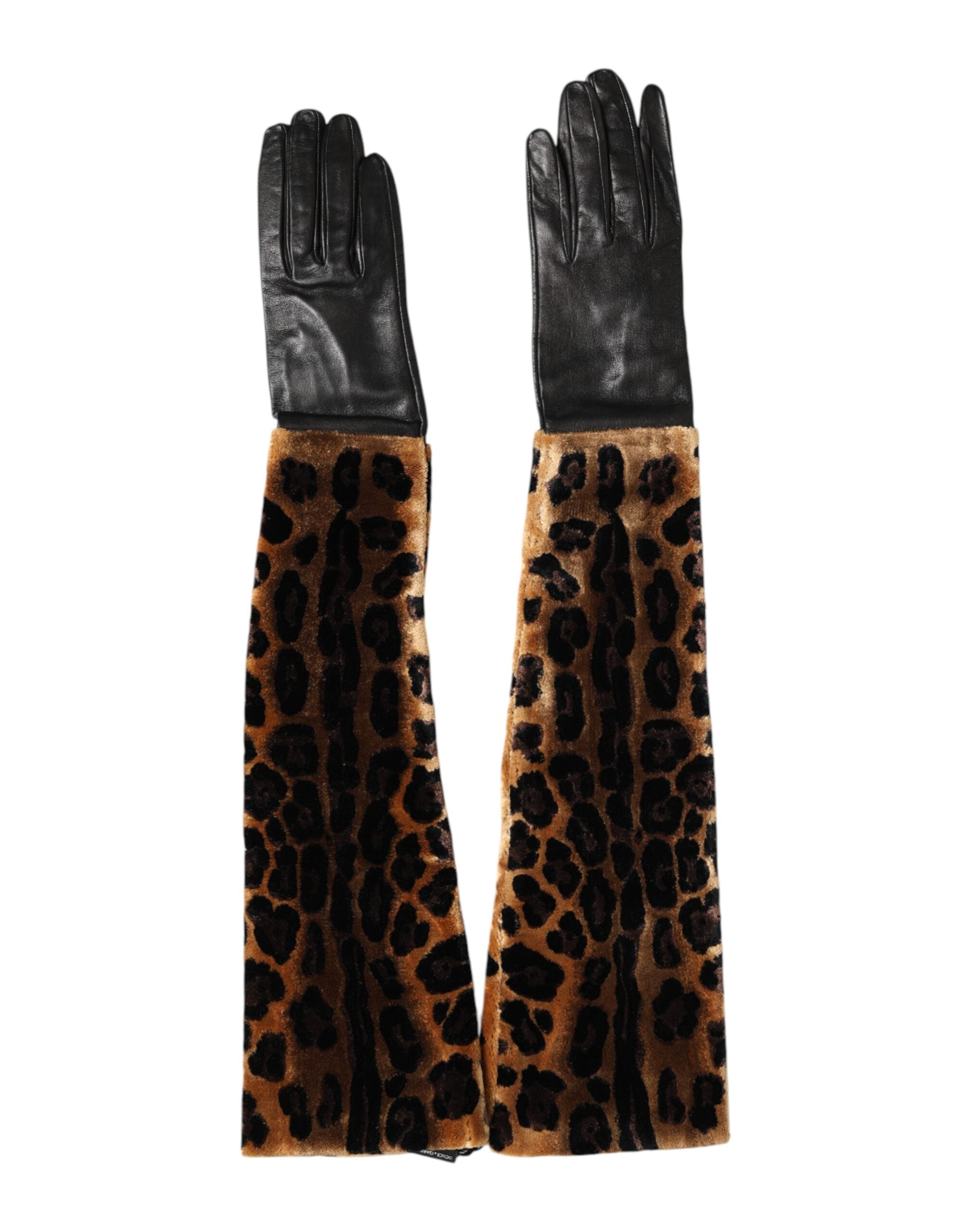 Dolce & Gabbana Brown Black Leopard Leather Elbow Length Mitten Gloves Dolce & Gabbana