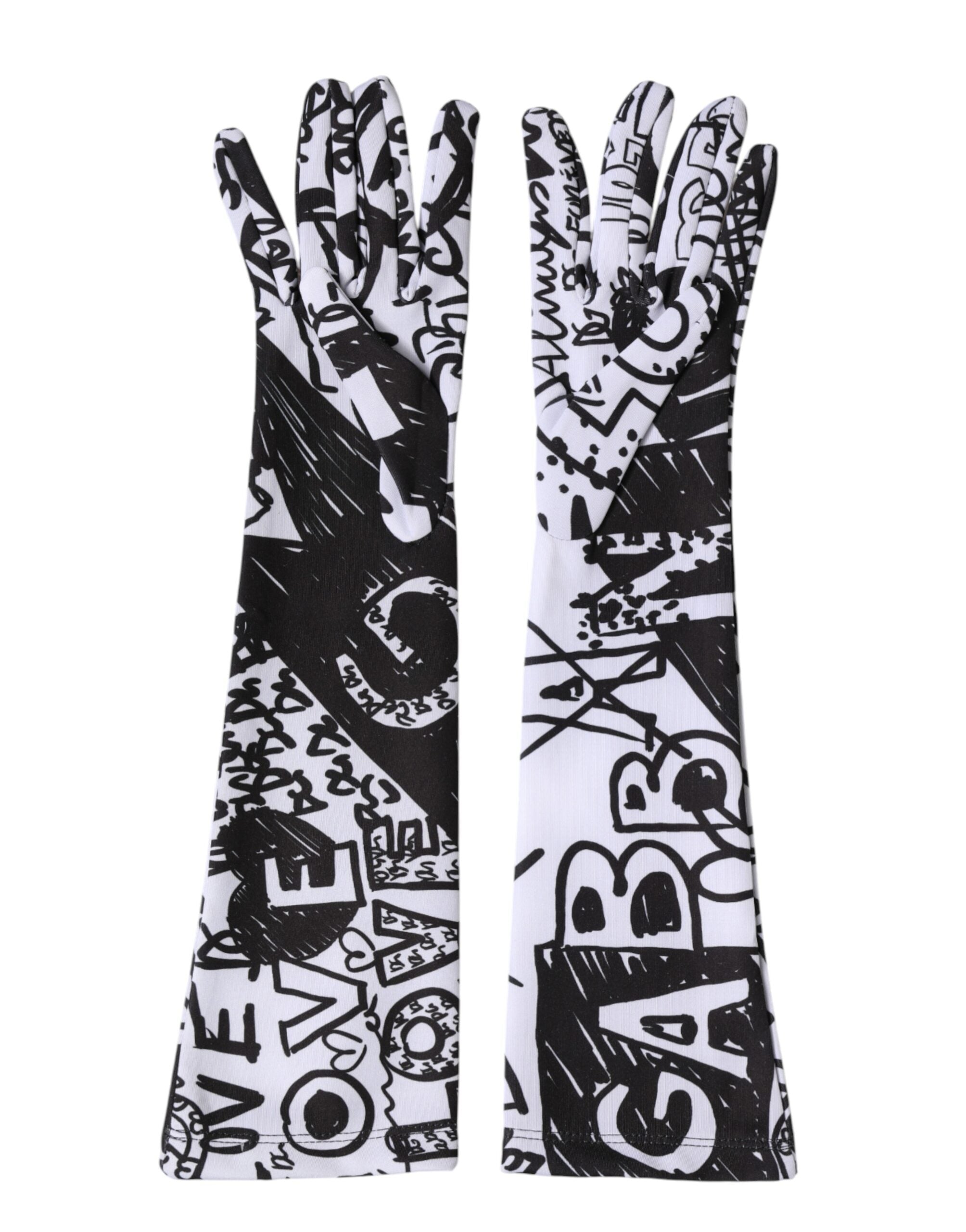 Dolce & Gabbana Gloves Black White DG Logo Elbow Length Mitten Dolce & Gabbana