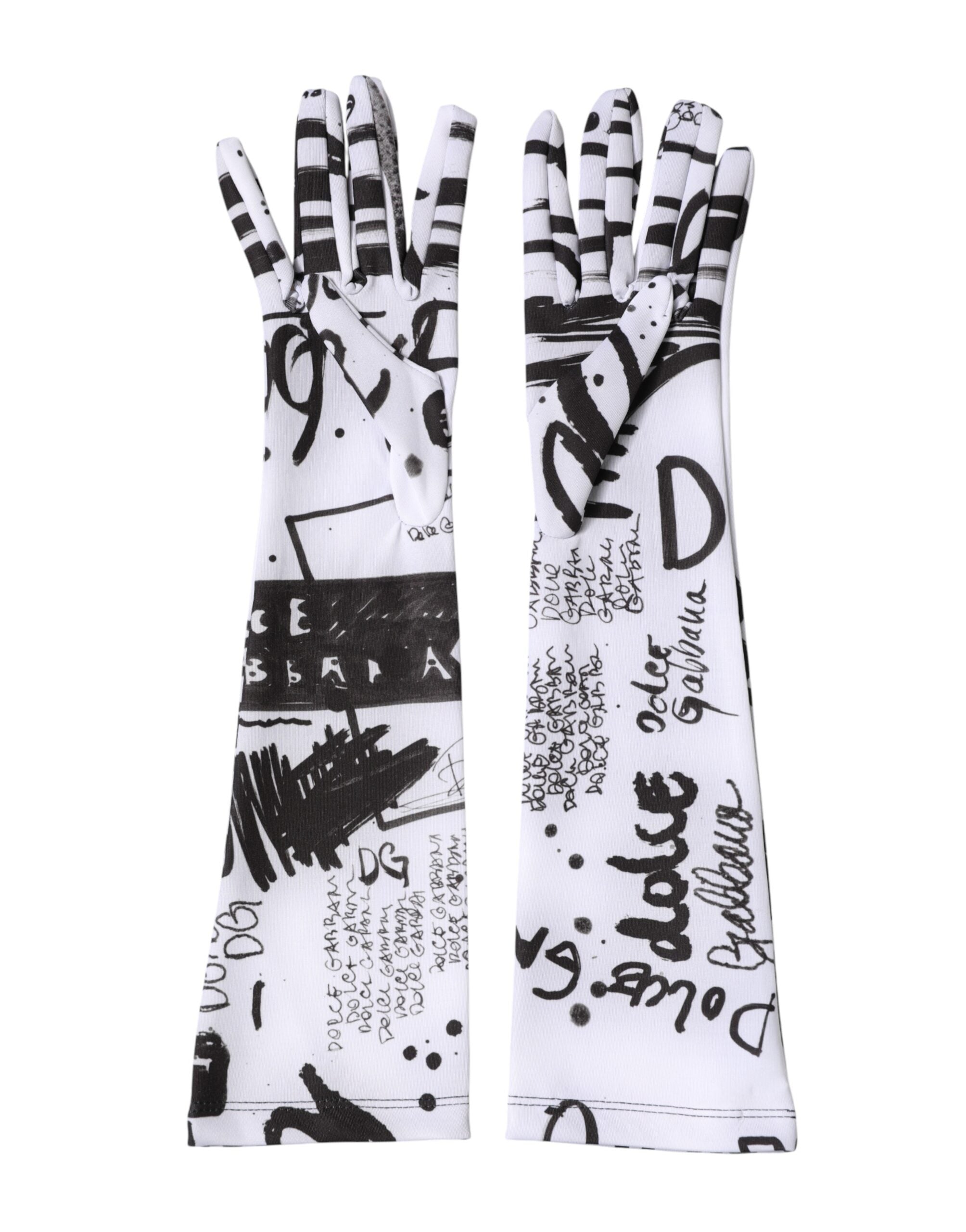 Dolce & Gabbana Black White DG Logo Elbow Length Mitten Gloves Dolce & Gabbana