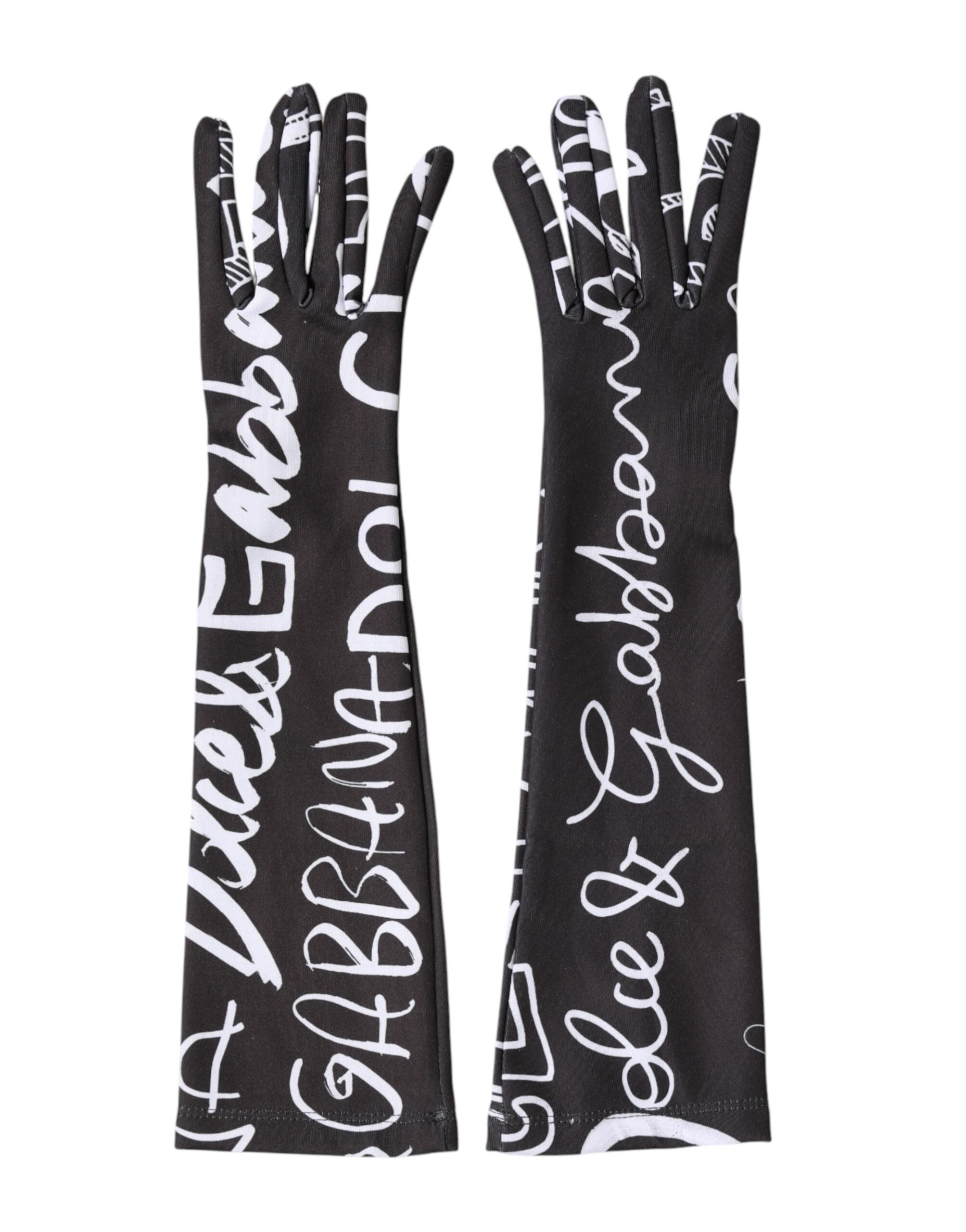 Dolce & Gabbana Black White DG Logo Elbow Length Mitten Gloves Dolce & Gabbana