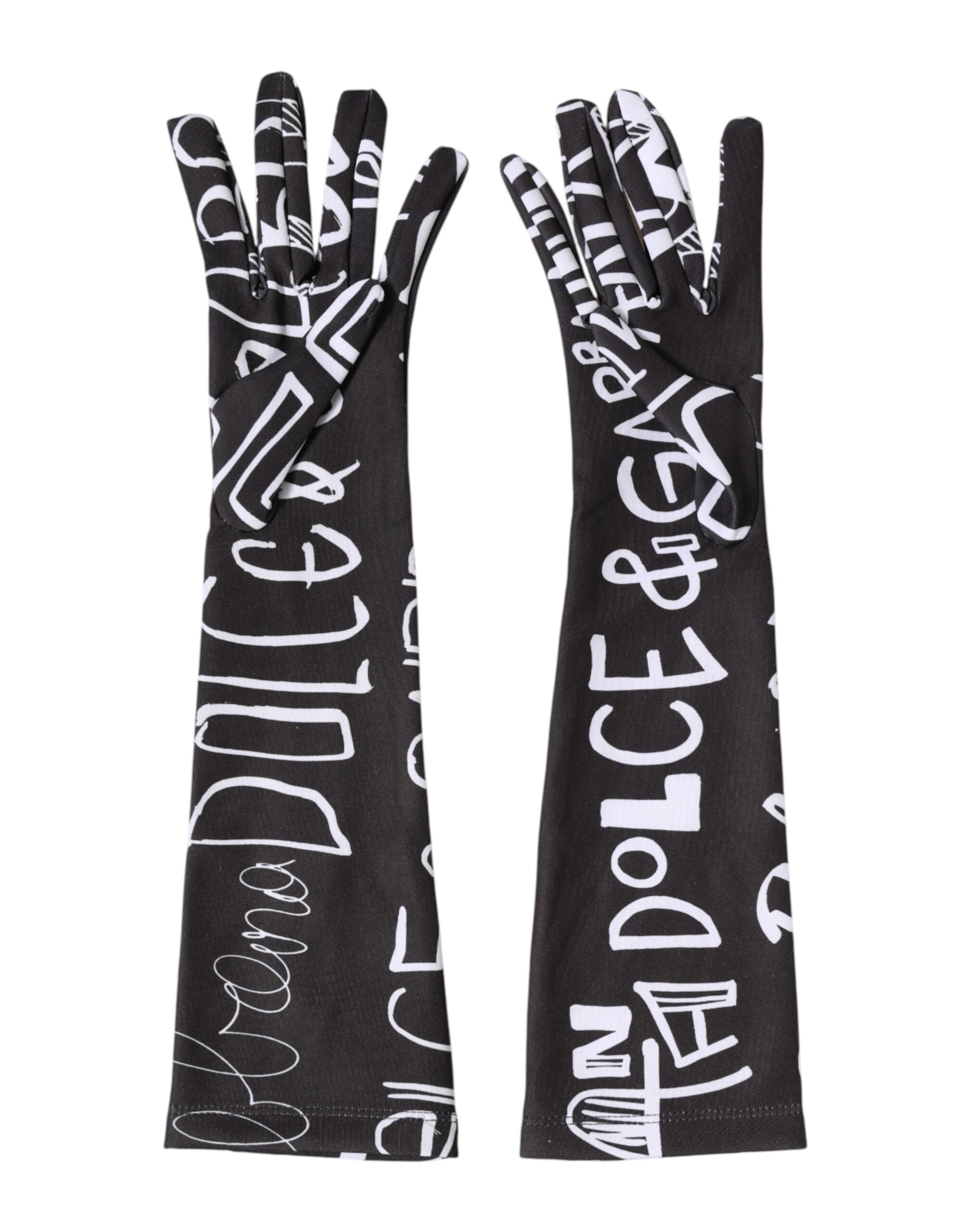 Dolce & Gabbana Black White DG Logo Elbow Length Mitten Gloves Dolce & Gabbana