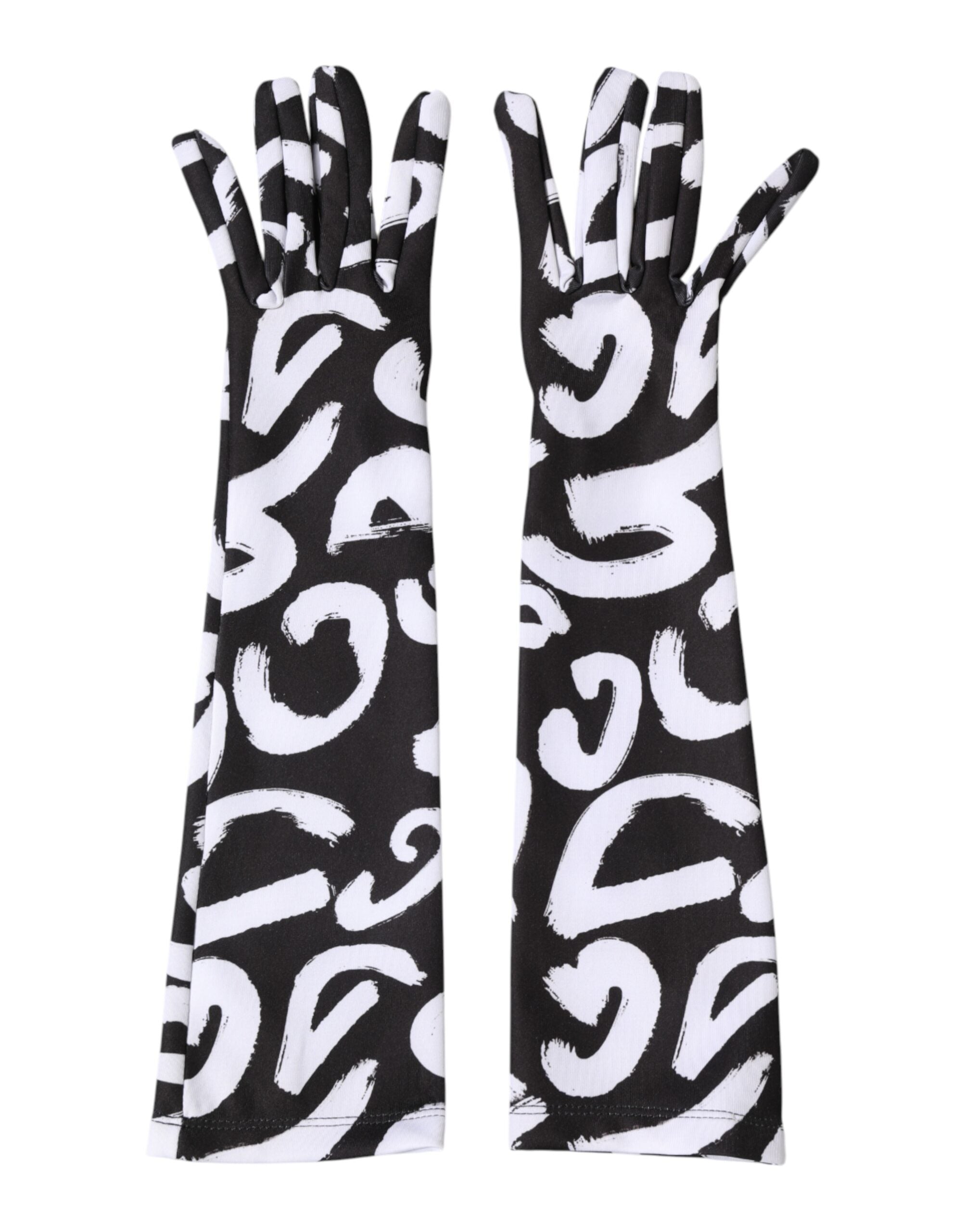 Dolce & Gabbana Black White DG Logo Elbow Length Mitten Gloves Dolce & Gabbana