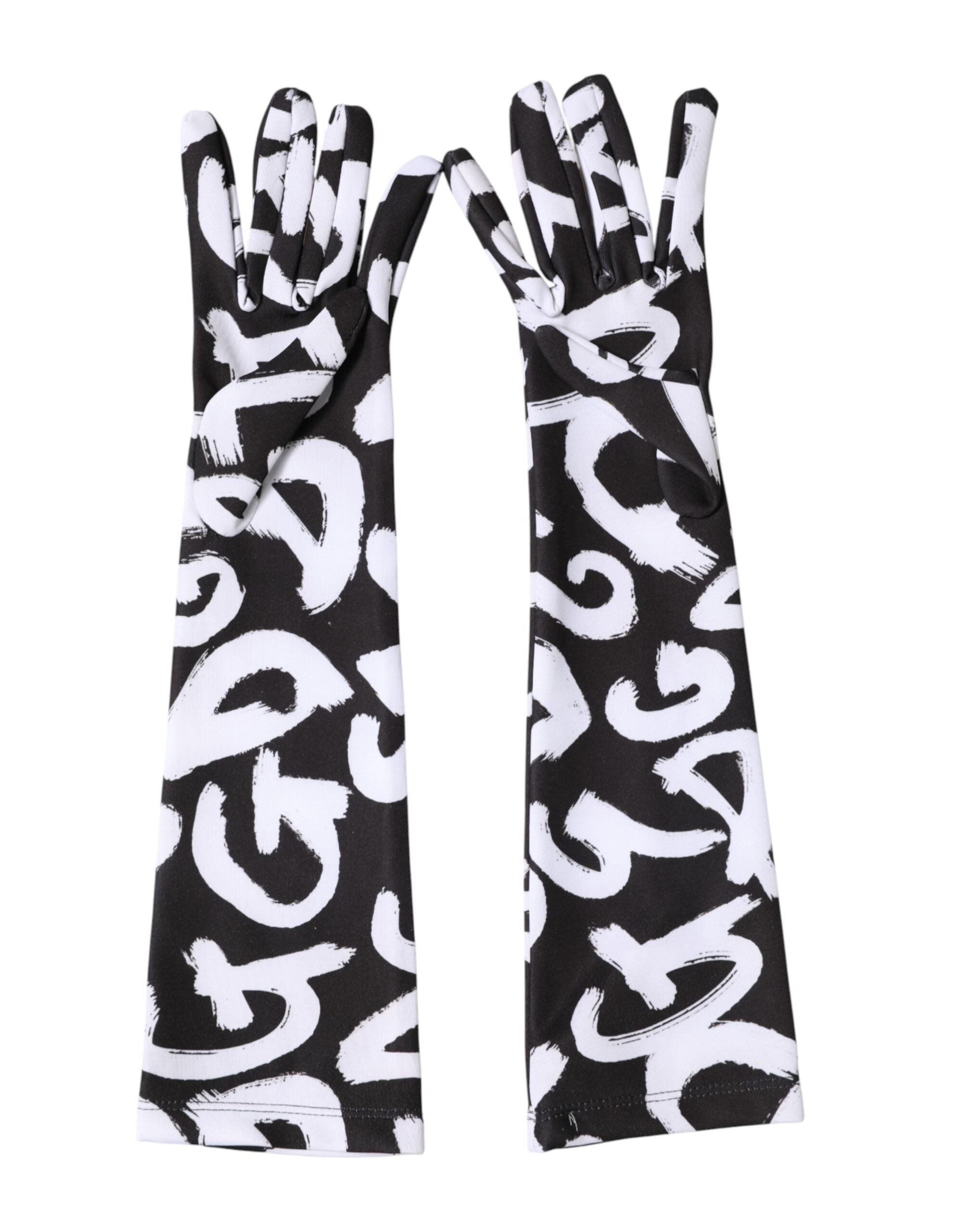 Dolce & Gabbana Black White DG Logo Elbow Length Mitten Gloves Dolce & Gabbana