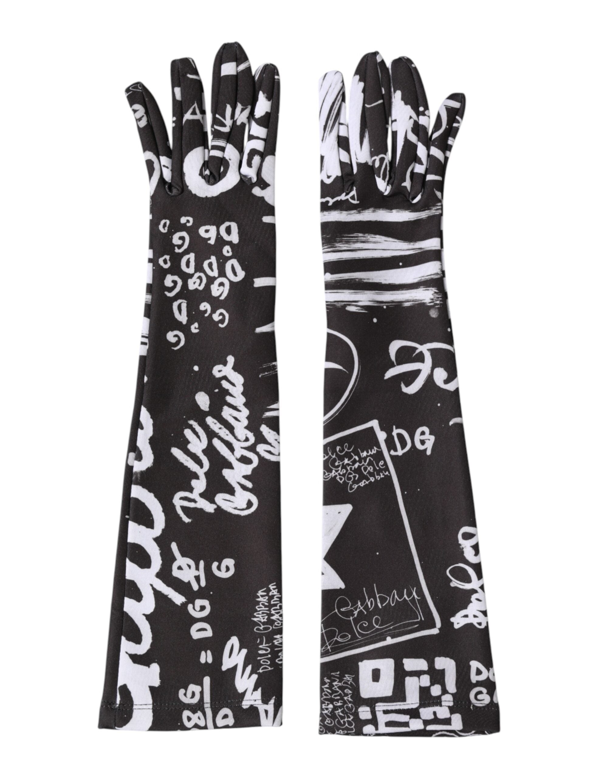 Dolce & Gabbana Black White DG Logo Elbow Length Mitten Gloves Dolce & Gabbana