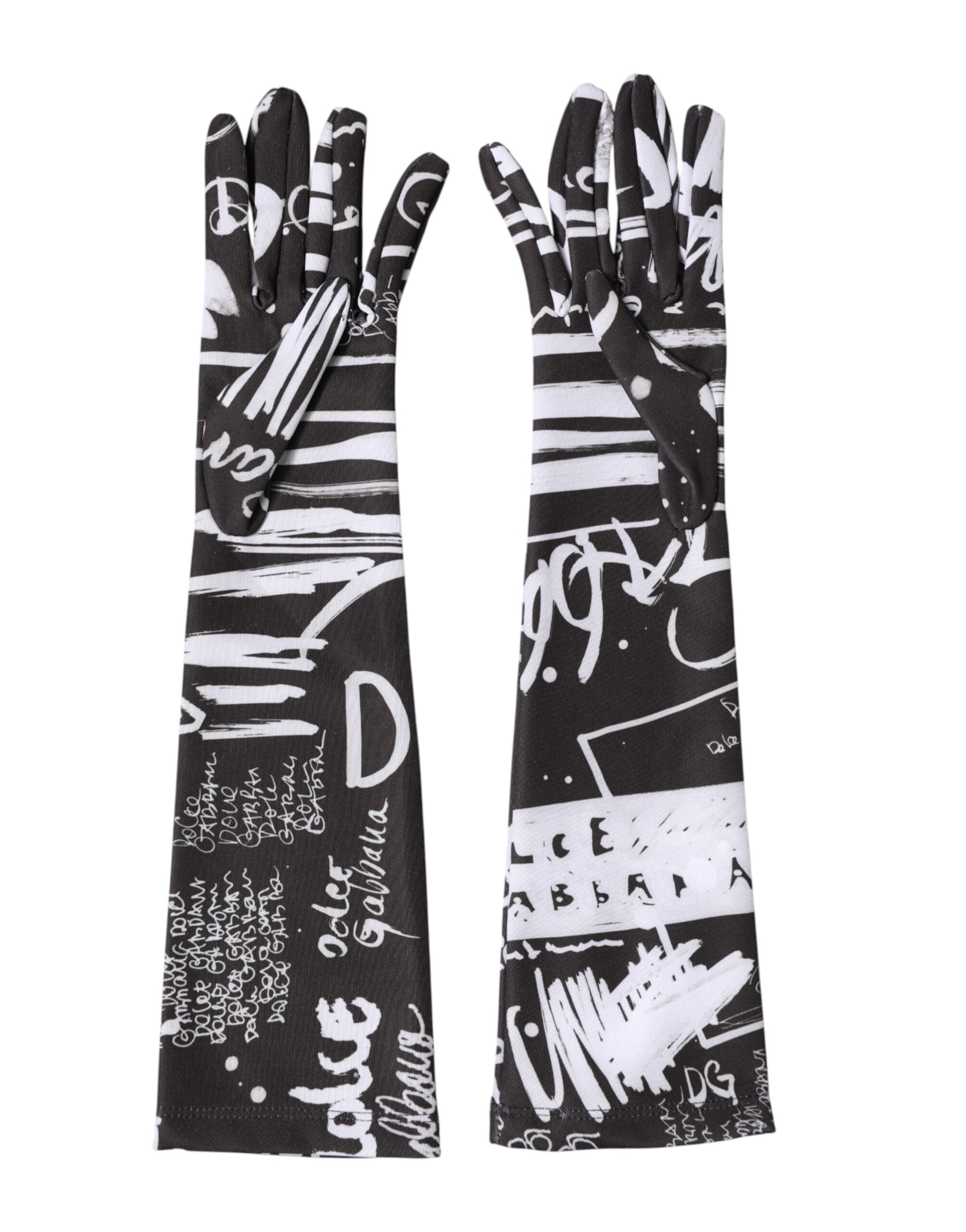 Dolce & Gabbana Black White DG Logo Elbow Length Mitten Gloves Dolce & Gabbana
