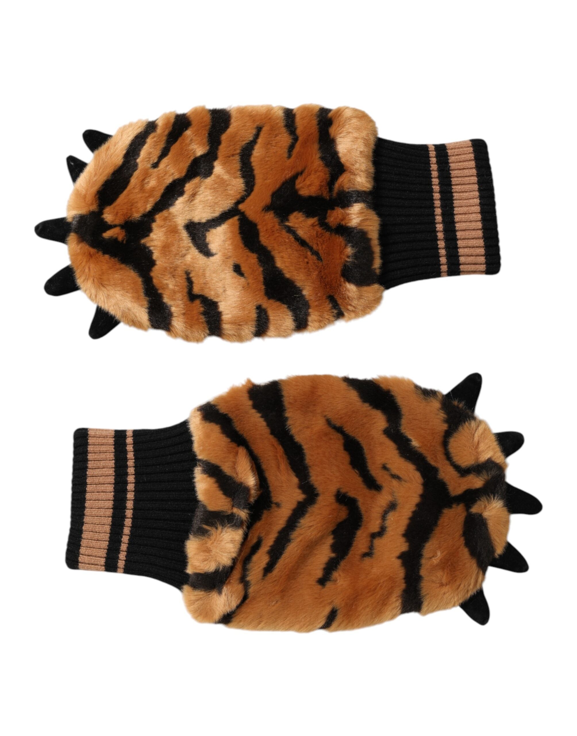 Dolce & Gabbana Brown Tiger Knitted Fur Wrist Mitten One Size Gloves Dolce & Gabbana