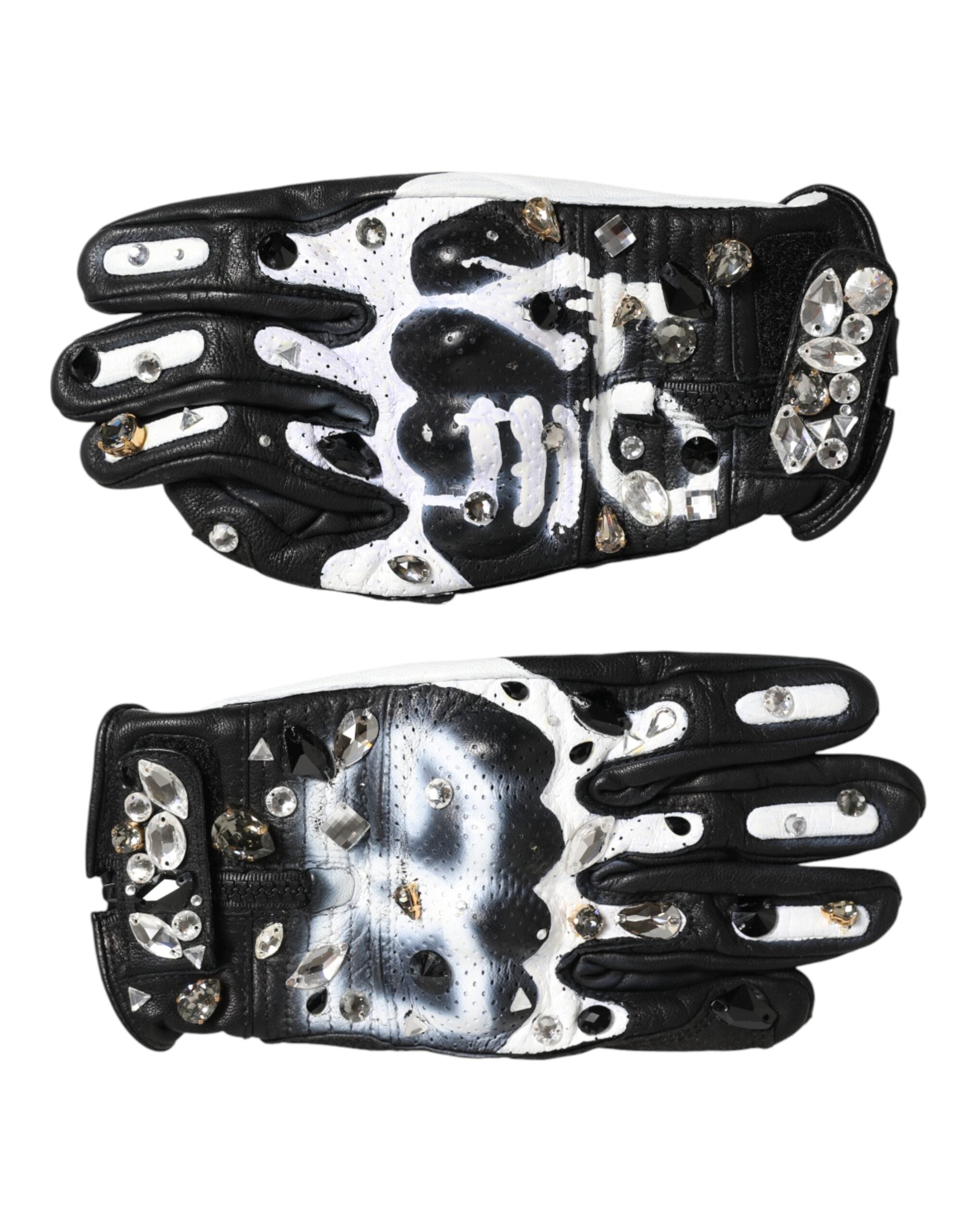 Dolce & Gabbana Gloves Black White Crystal Wrist Length Mitten  Gloves Dolce & Gabbana