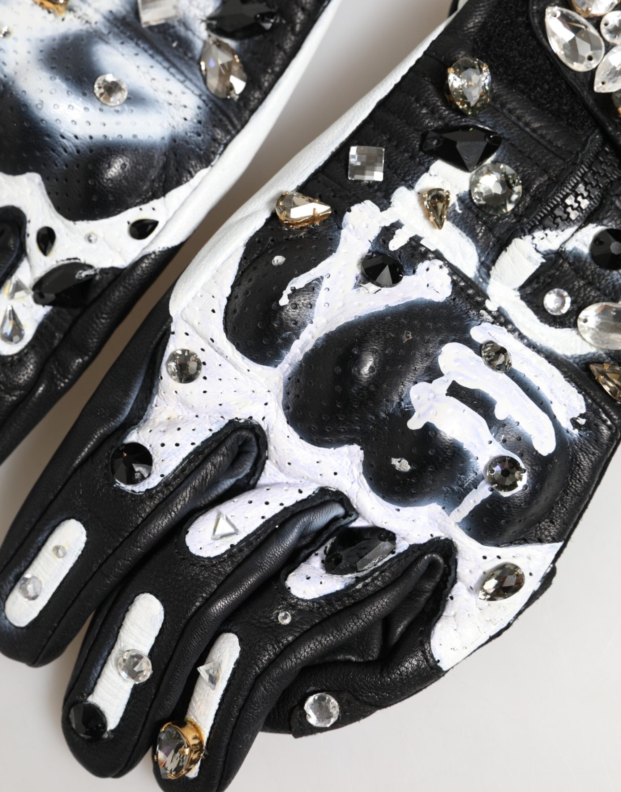 Dolce & Gabbana Gloves Black White Crystal Wrist Length Mitten  Gloves Dolce & Gabbana