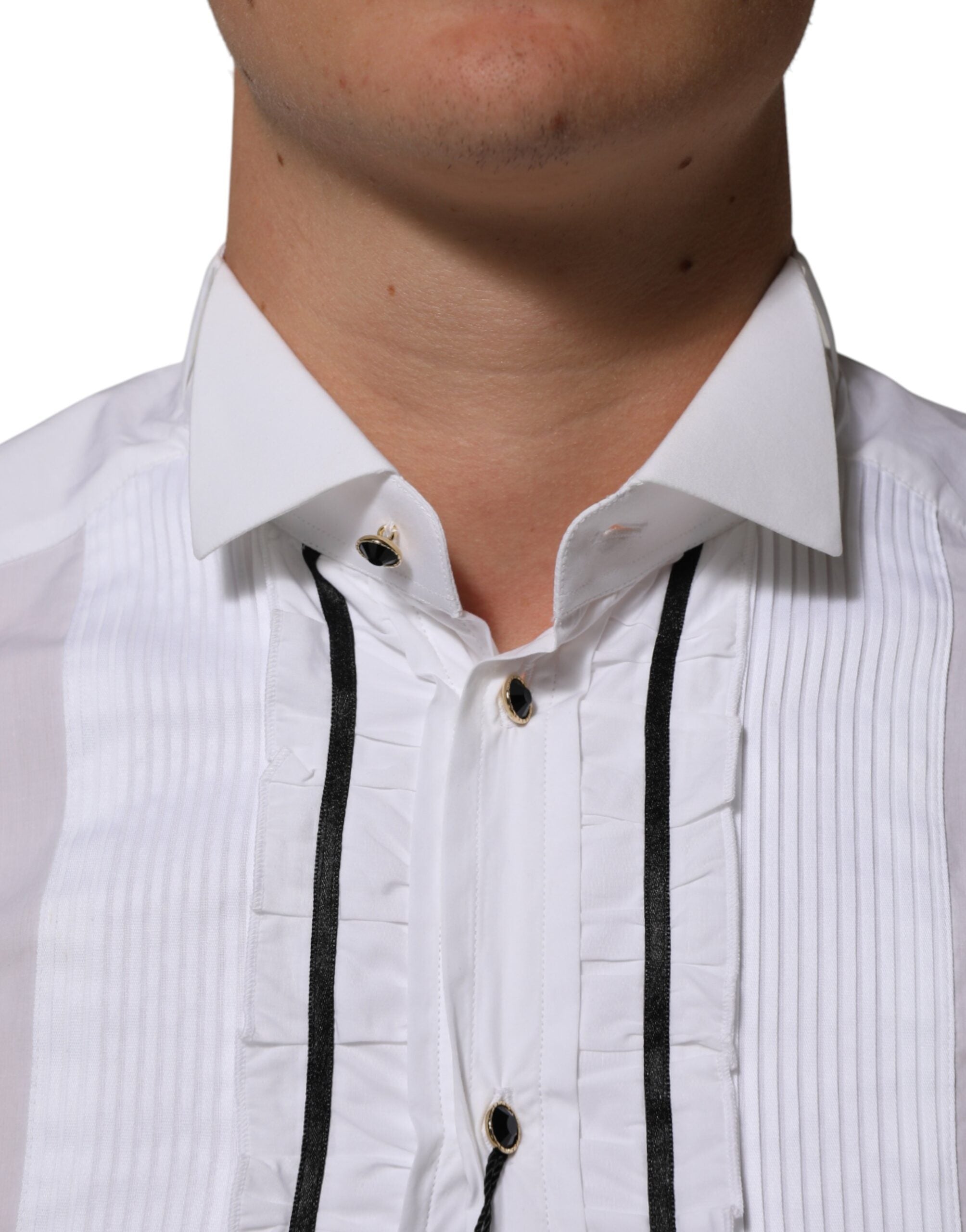 Dolce & Gabbana White Cotton Collared Long Sleeve GOLD Dress  Shirt Dolce & Gabbana