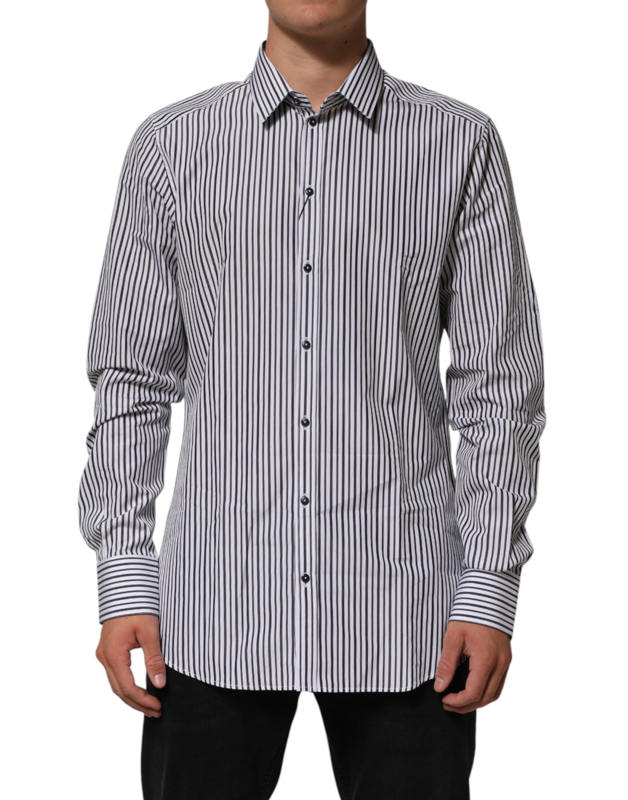 Dolce & Gabbana Black White Stripes Men GOLD Dress Shirt Dolce & Gabbana