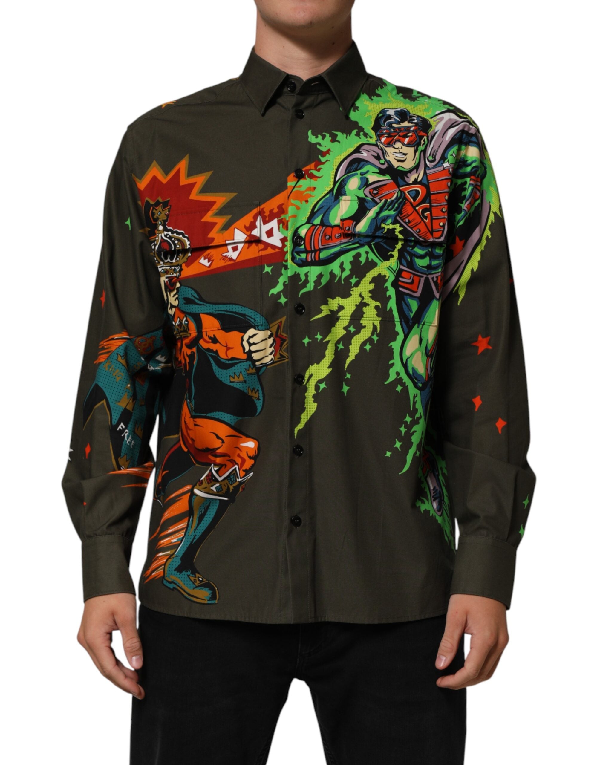 Dolce & Gabbana Green Superhero Print Button Down Shirt Dolce & Gabbana
