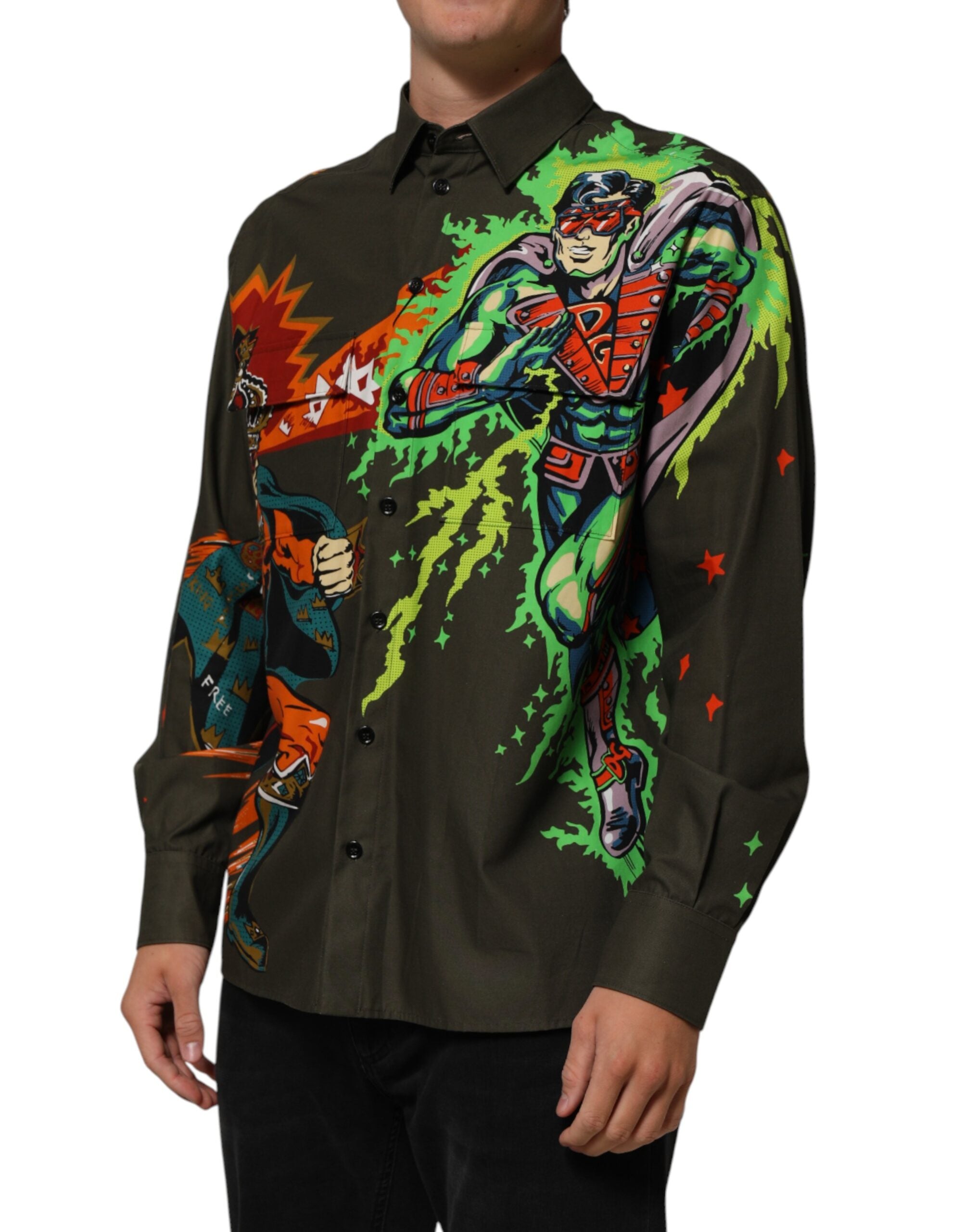 Dolce & Gabbana Green Superhero Print Button Down Shirt Dolce & Gabbana