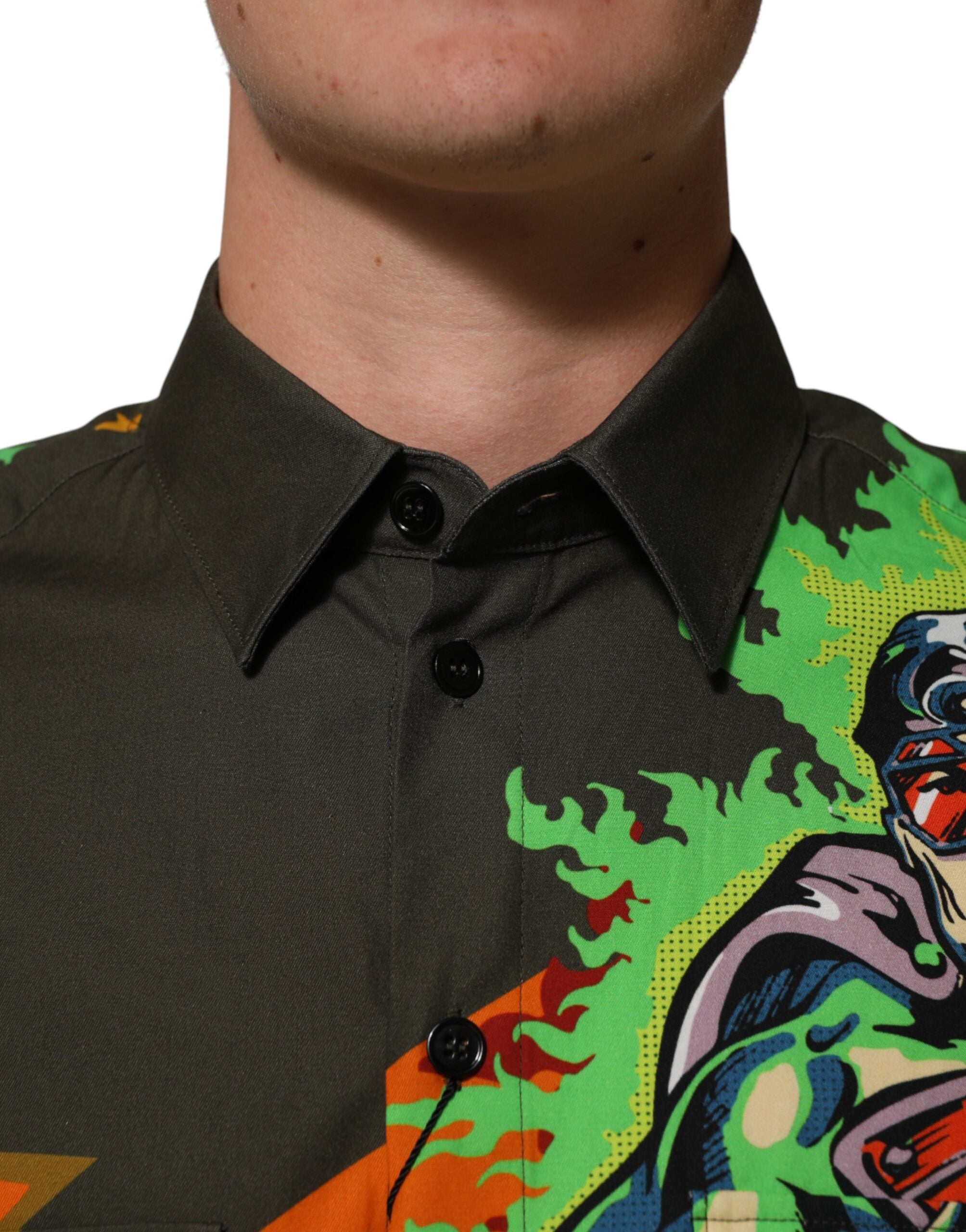 Dolce & Gabbana Green Superhero Print Button Down Shirt Dolce & Gabbana