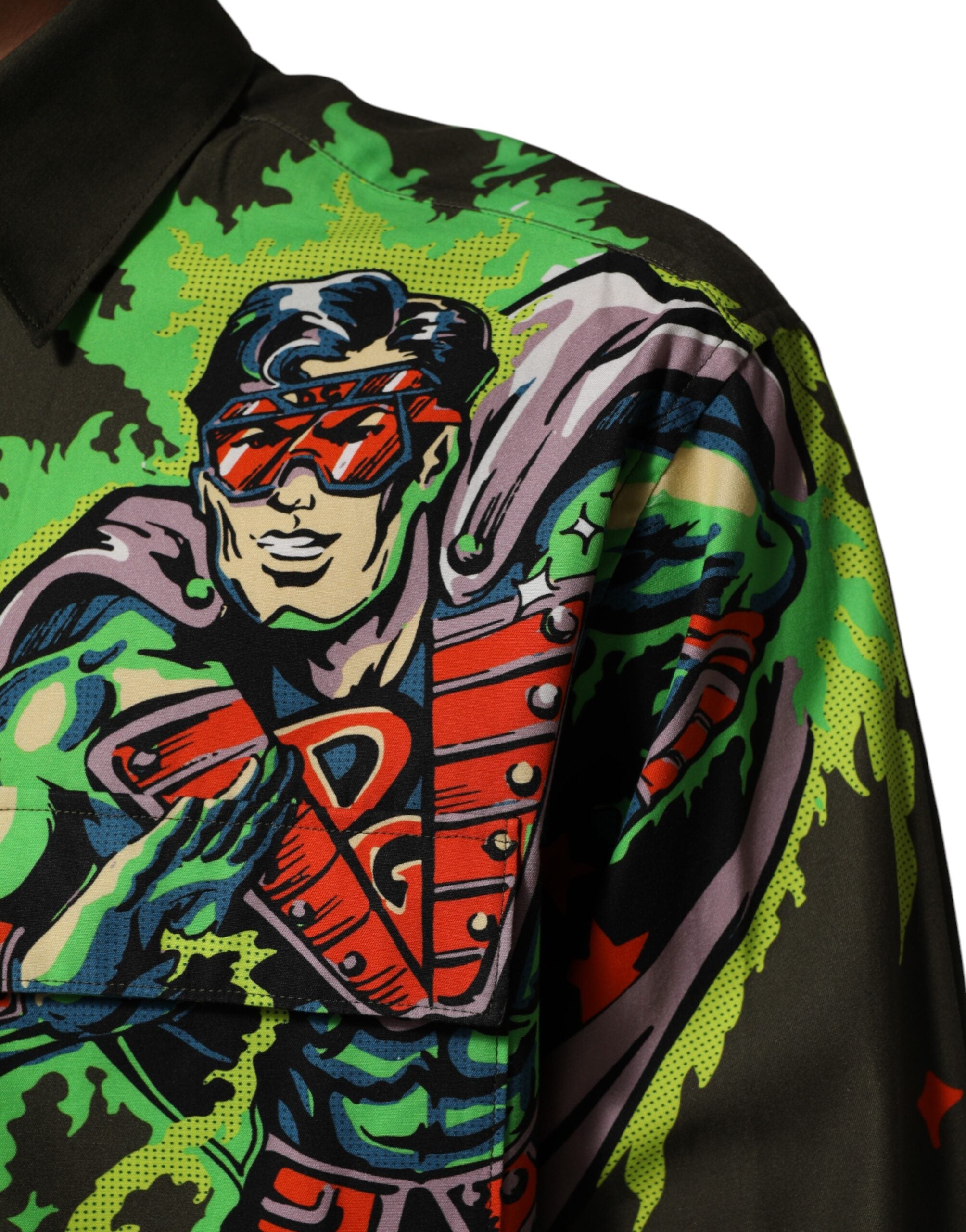 Dolce & Gabbana Green Superhero Print Button Down Shirt Dolce & Gabbana