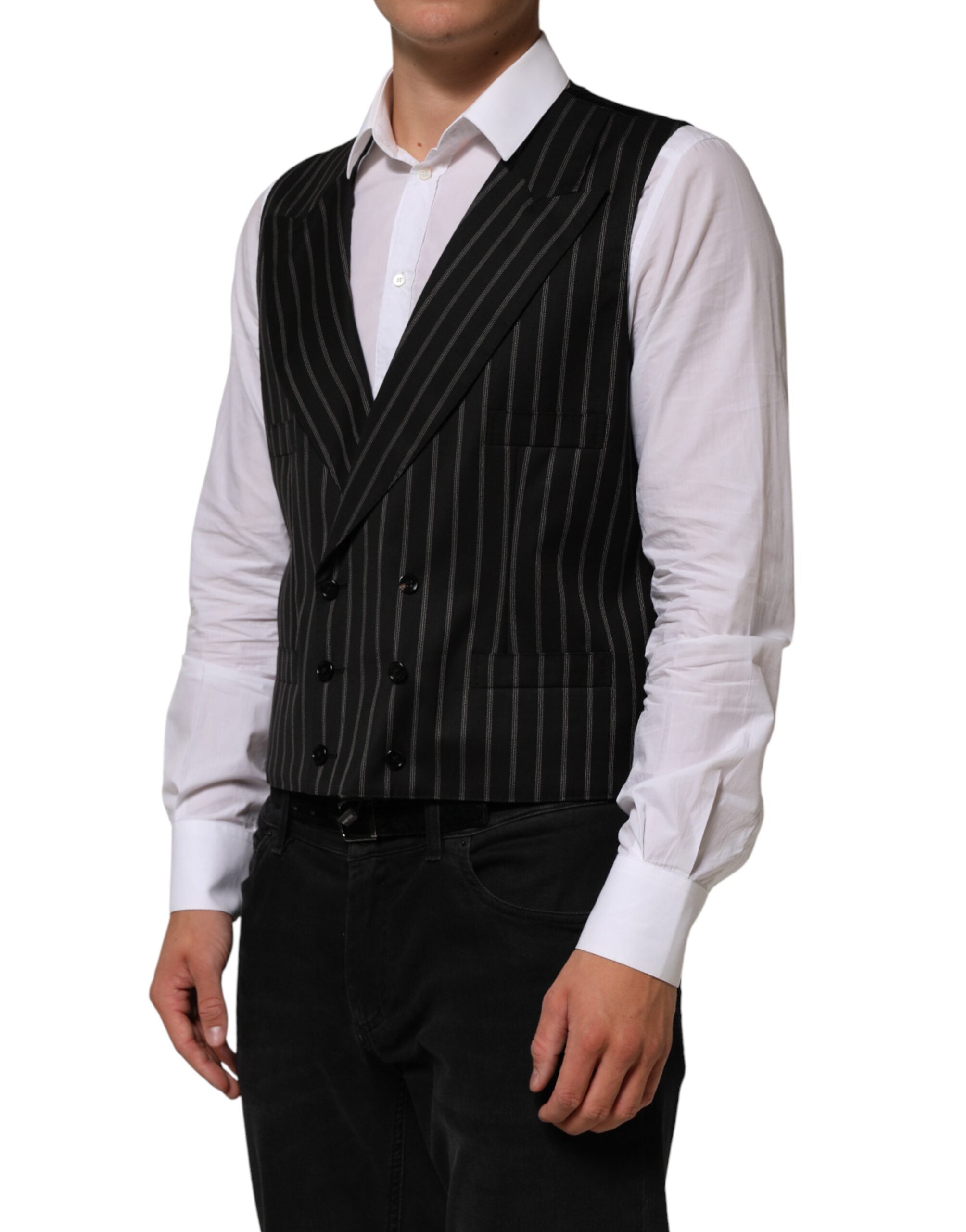 Dolce & Gabbana Black Stripes Wool Dress Men Waistcoat Vest Dolce & Gabbana