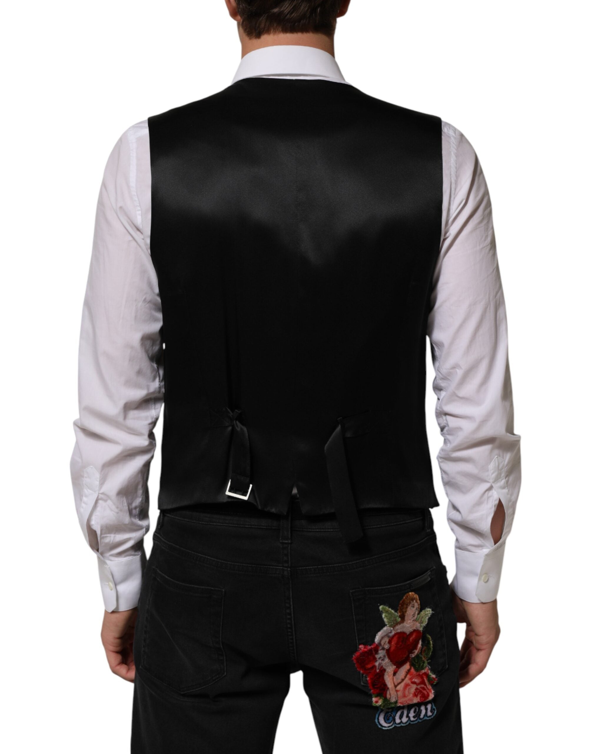 Dolce & Gabbana Black Stripes Wool Dress Men Waistcoat Vest Dolce & Gabbana