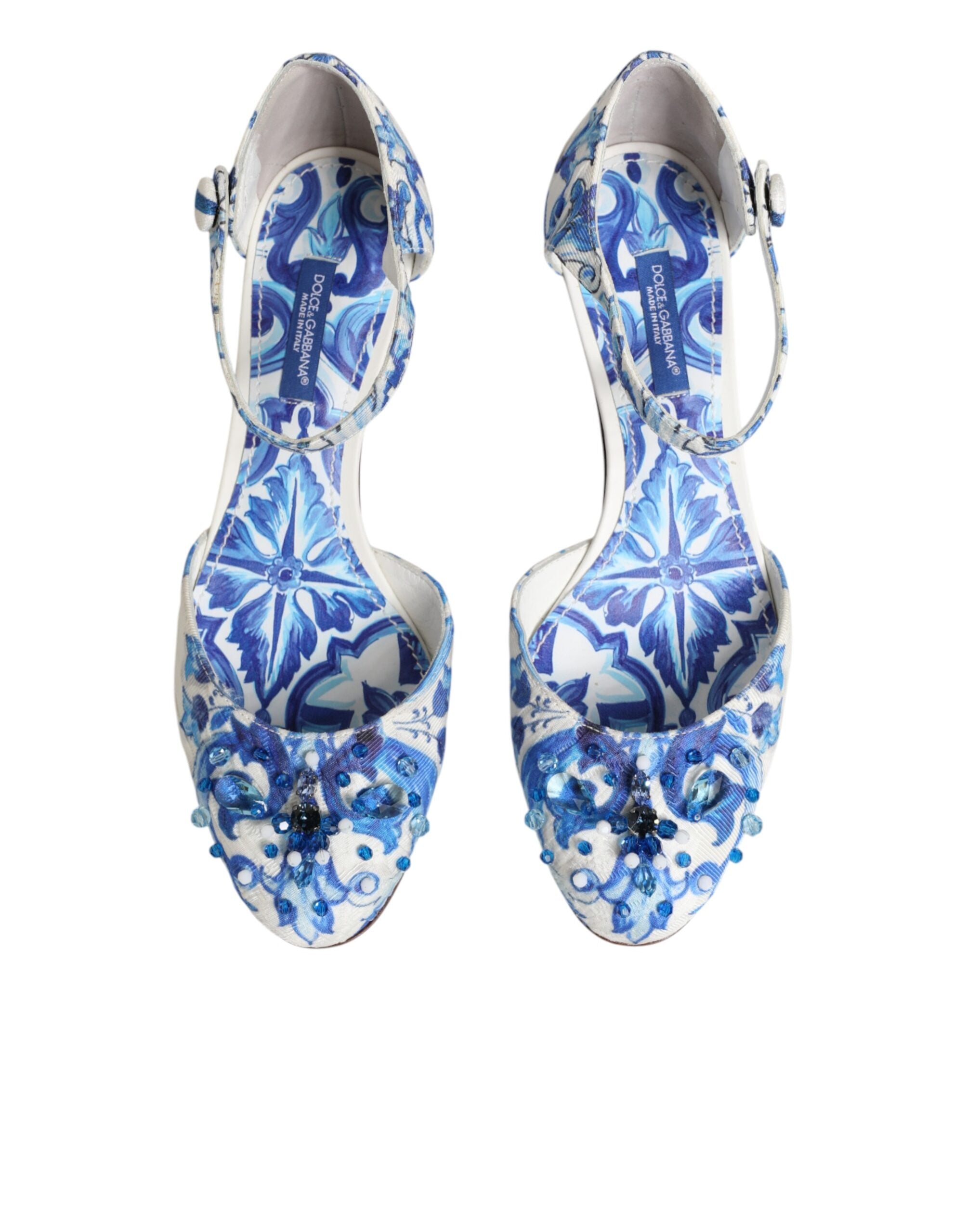 Dolce & Gabbana White Blue Floral Crystal Ankle Straps Shoes Dolce & Gabbana
