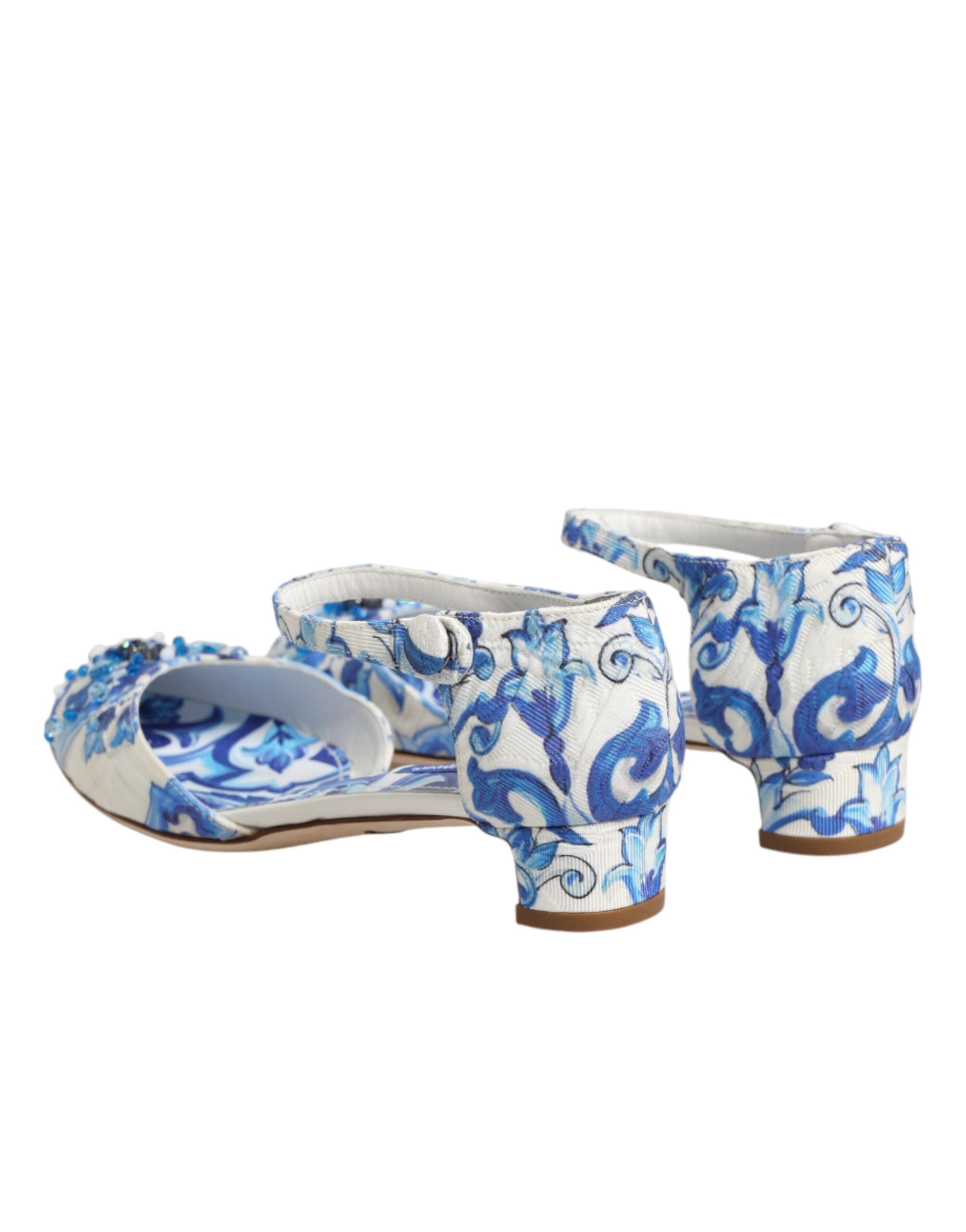 Dolce & Gabbana White Blue Floral Crystal Ankle Straps Shoes Dolce & Gabbana