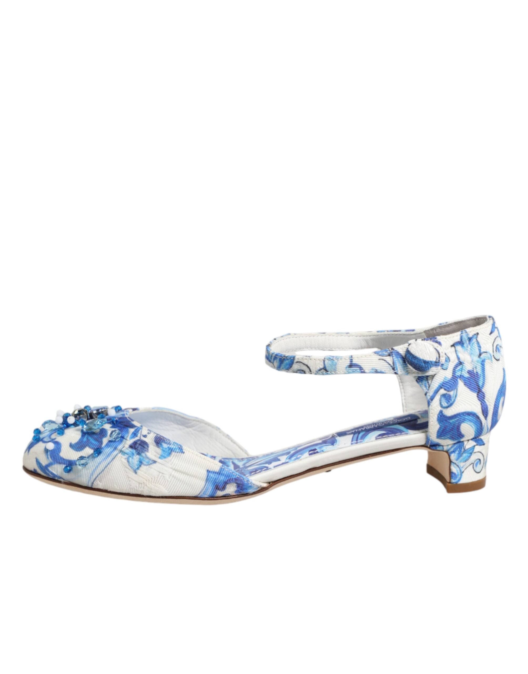 Dolce & Gabbana White Blue Floral Crystal Ankle Straps Shoes Dolce & Gabbana