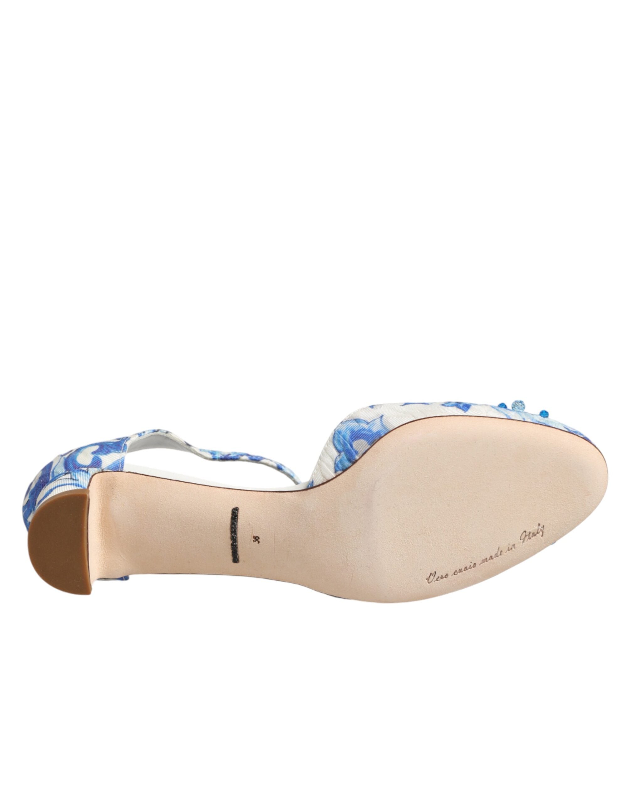 Dolce & Gabbana White Blue Floral Crystal Ankle Straps Shoes Dolce & Gabbana