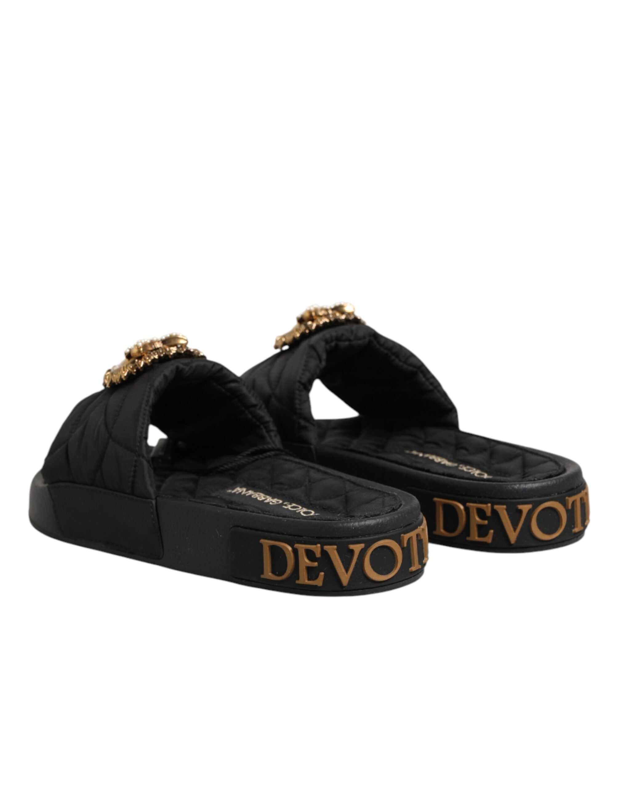 Dolce & Gabbana Black Devotion Matelassé Leather Slides Shoes Dolce & Gabbana