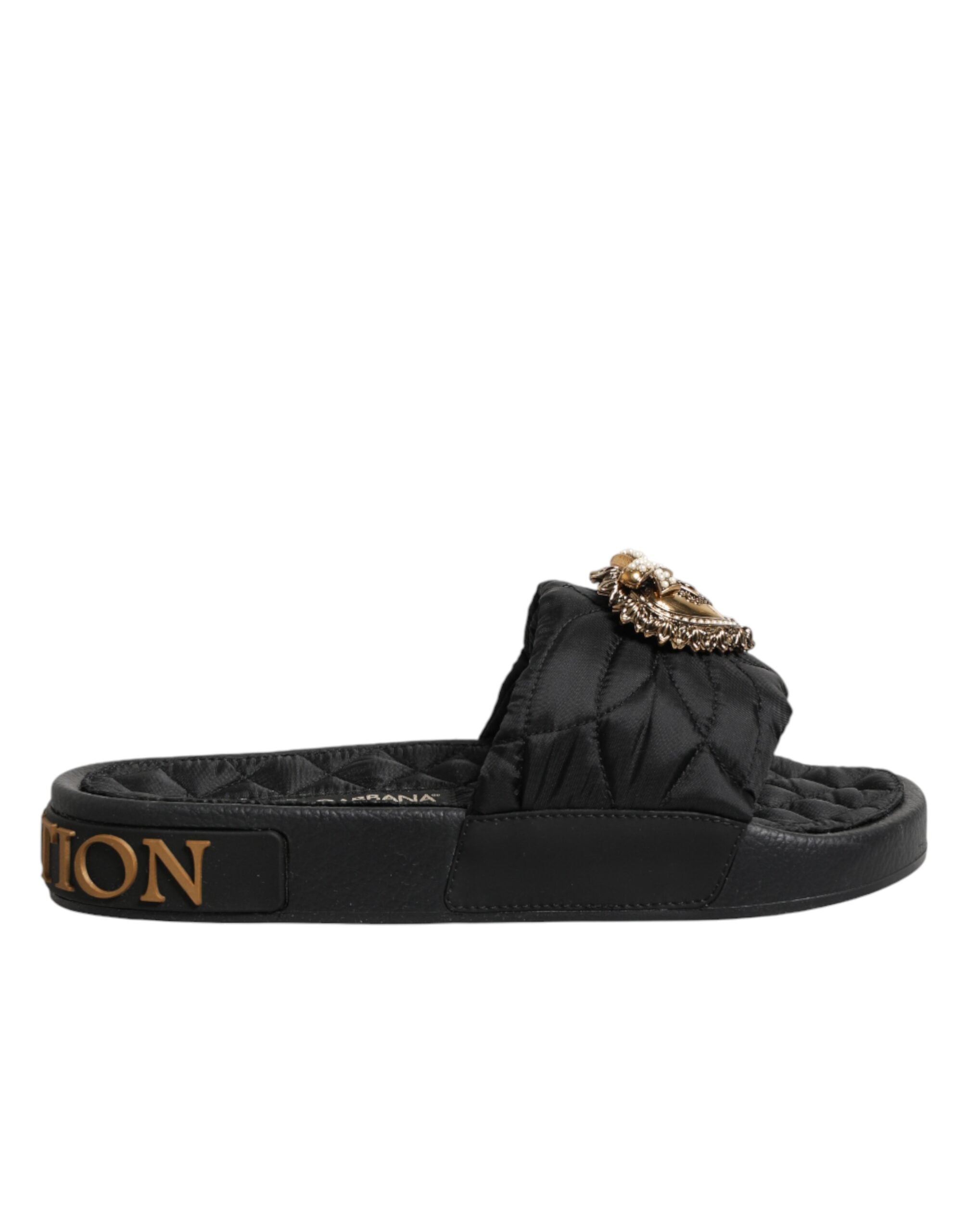 Dolce & Gabbana Black Devotion Matelassé Leather Slides Shoes Dolce & Gabbana