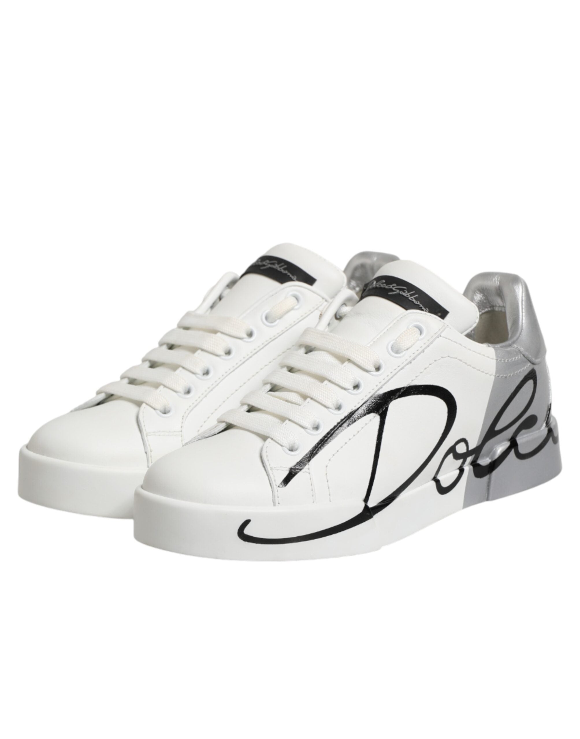 Dolce & Gabbana White Gray Low Top Leather Sneaker Shoes Dolce & Gabbana
