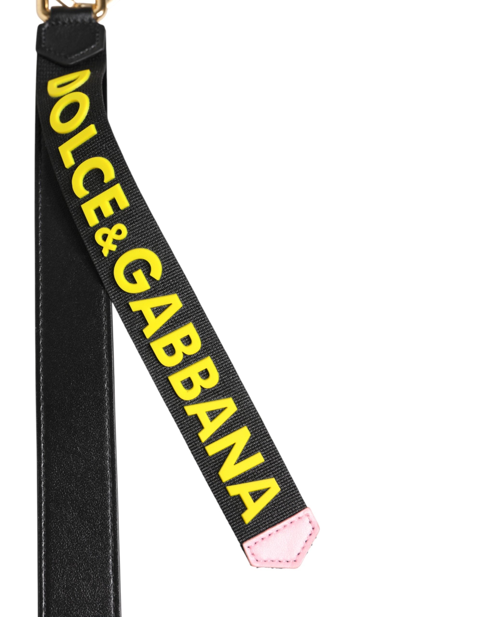 Dolce & Gabbana Black Yellow Logo Letaher Brass Holder Keychain Keyring Dolce & Gabbana