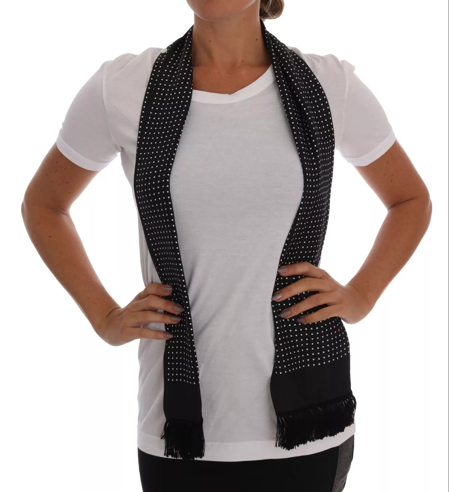 Dolce & Gabbana White Cotton Black Silk Scarf Top T-shirt Dolce & Gabbana