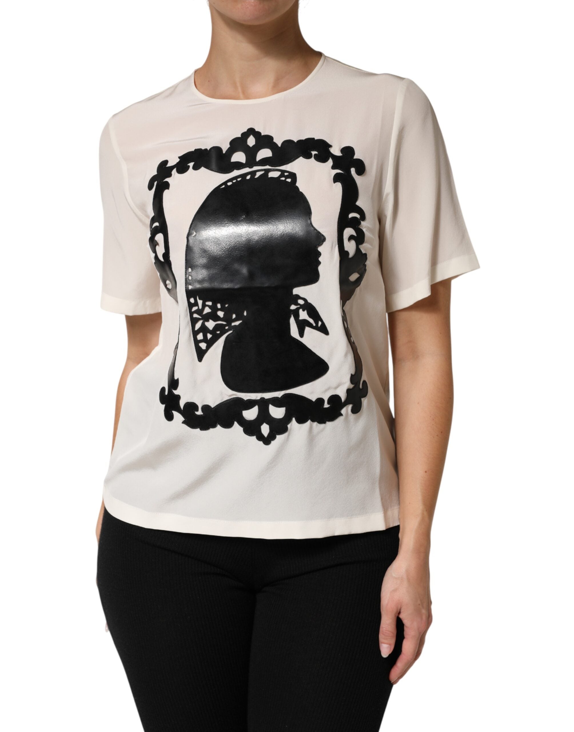 Dolce & Gabbana Cream Silk Silhouette Detail Short Sleeve Top Dolce & Gabbana