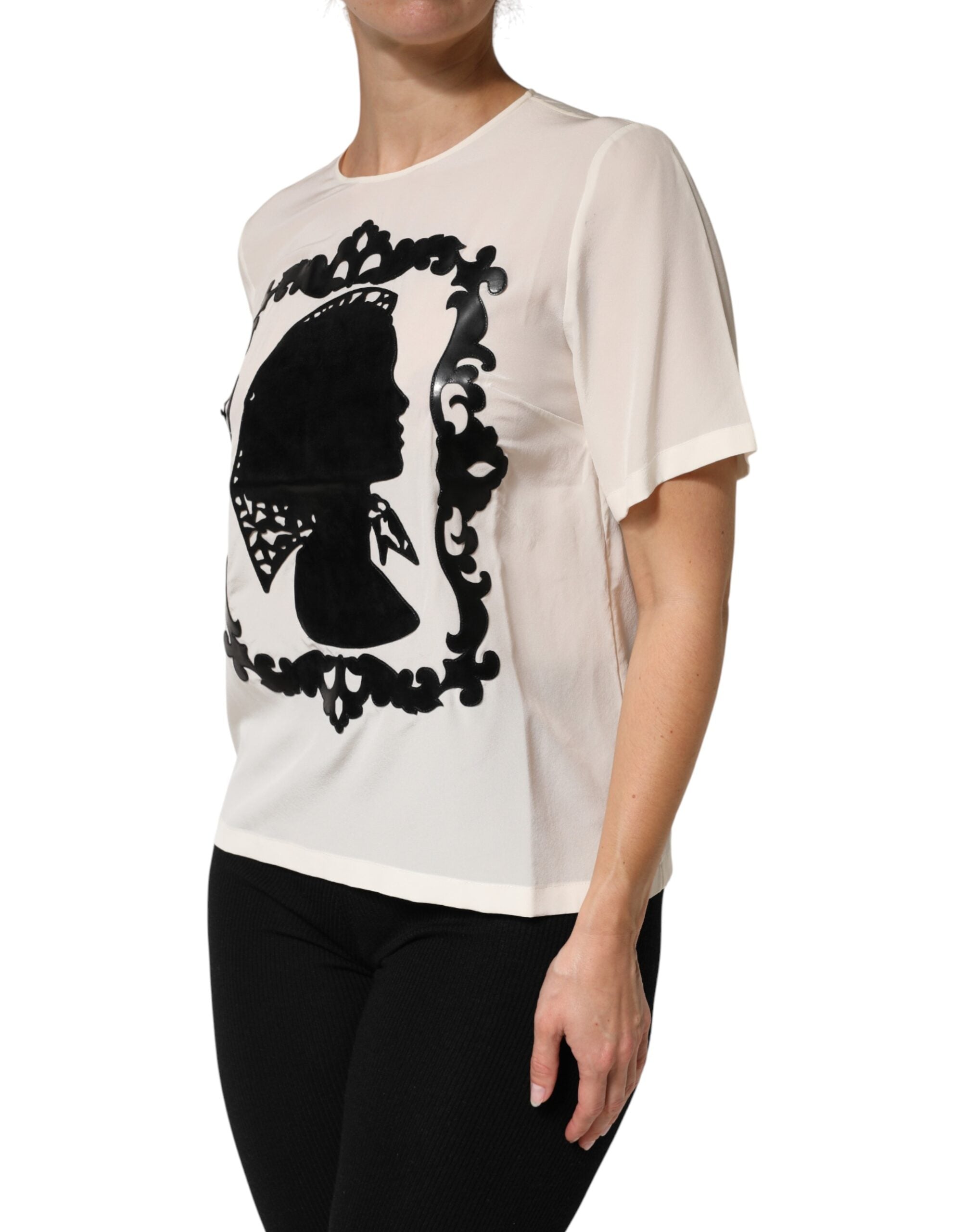 Dolce & Gabbana Cream Silk Silhouette Detail Short Sleeve Top Dolce & Gabbana