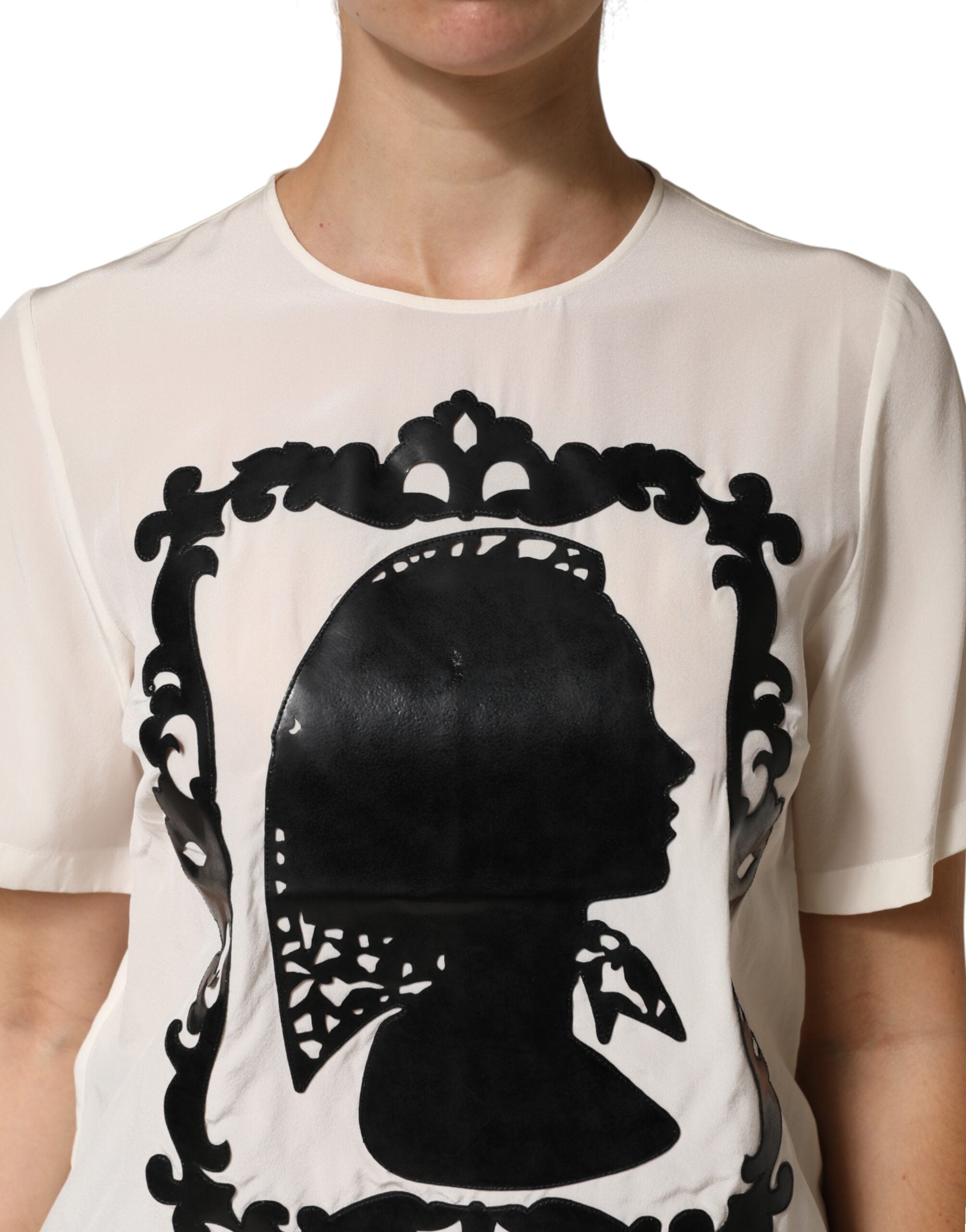 Dolce & Gabbana Cream Silk Silhouette Detail Short Sleeve Top Dolce & Gabbana