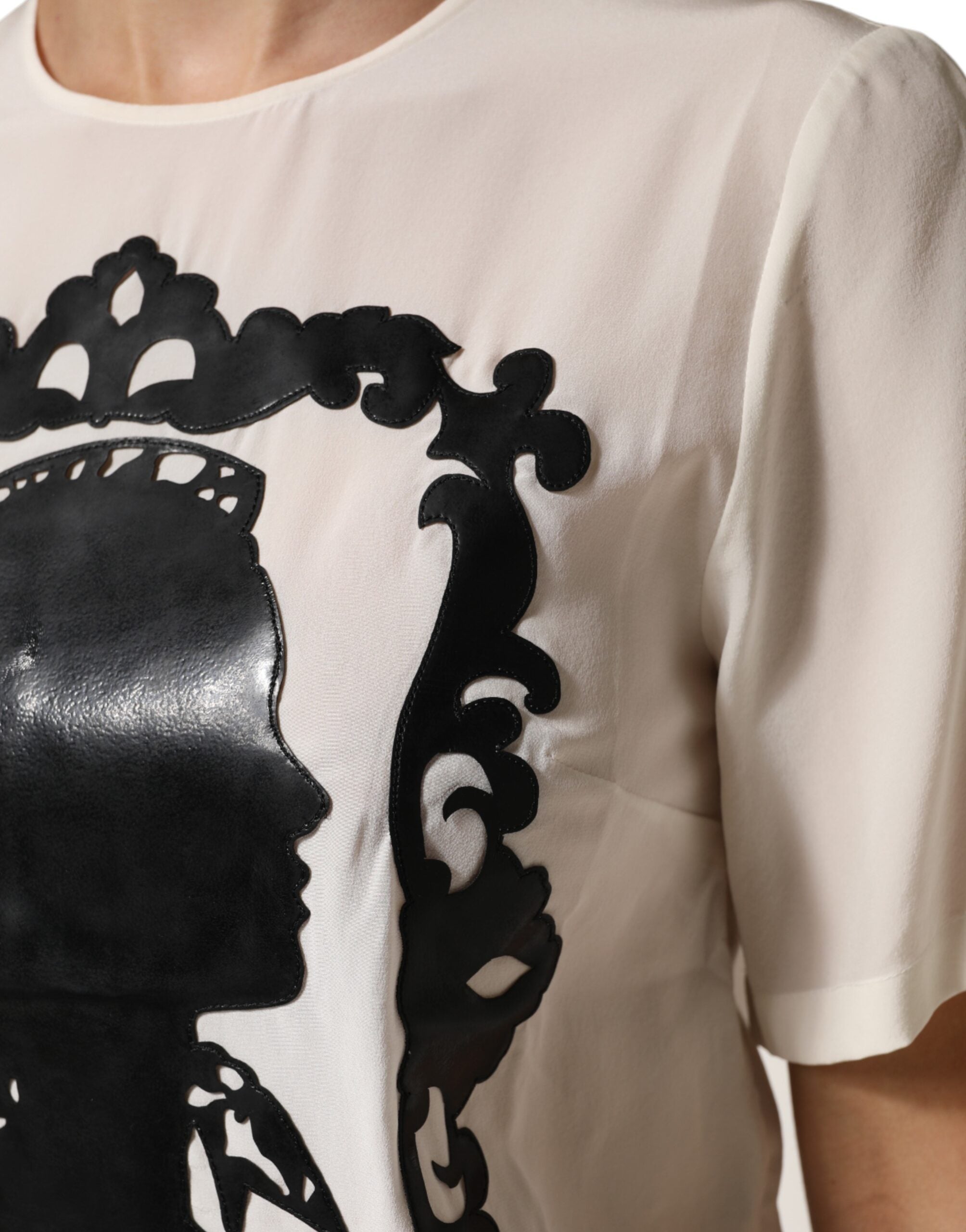 Dolce & Gabbana Cream Silk Silhouette Detail Short Sleeve Top Dolce & Gabbana