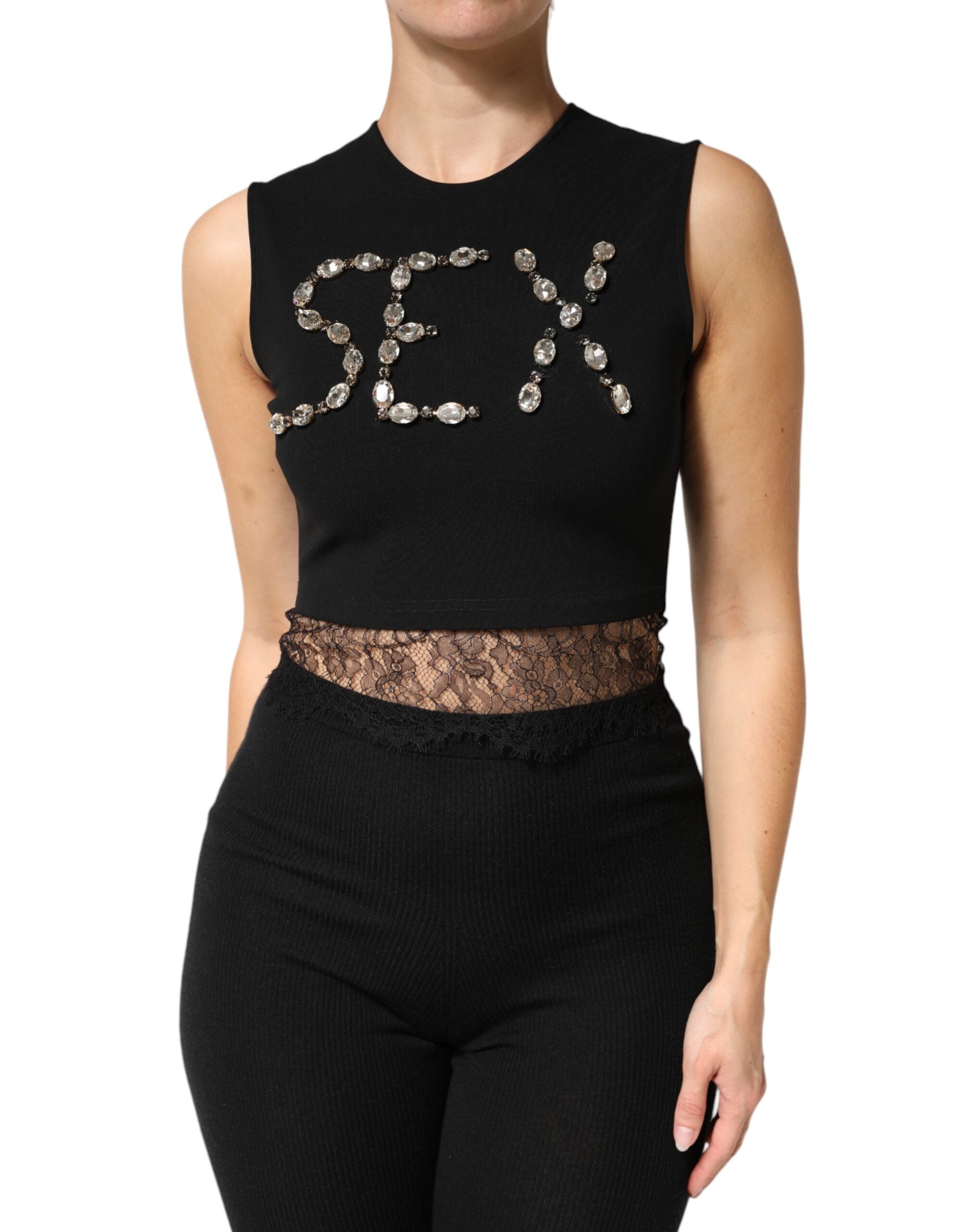 Dolce & Gabbana Black Jersey Lace Ruching Rhinestone Tank Top Dolce & Gabbana