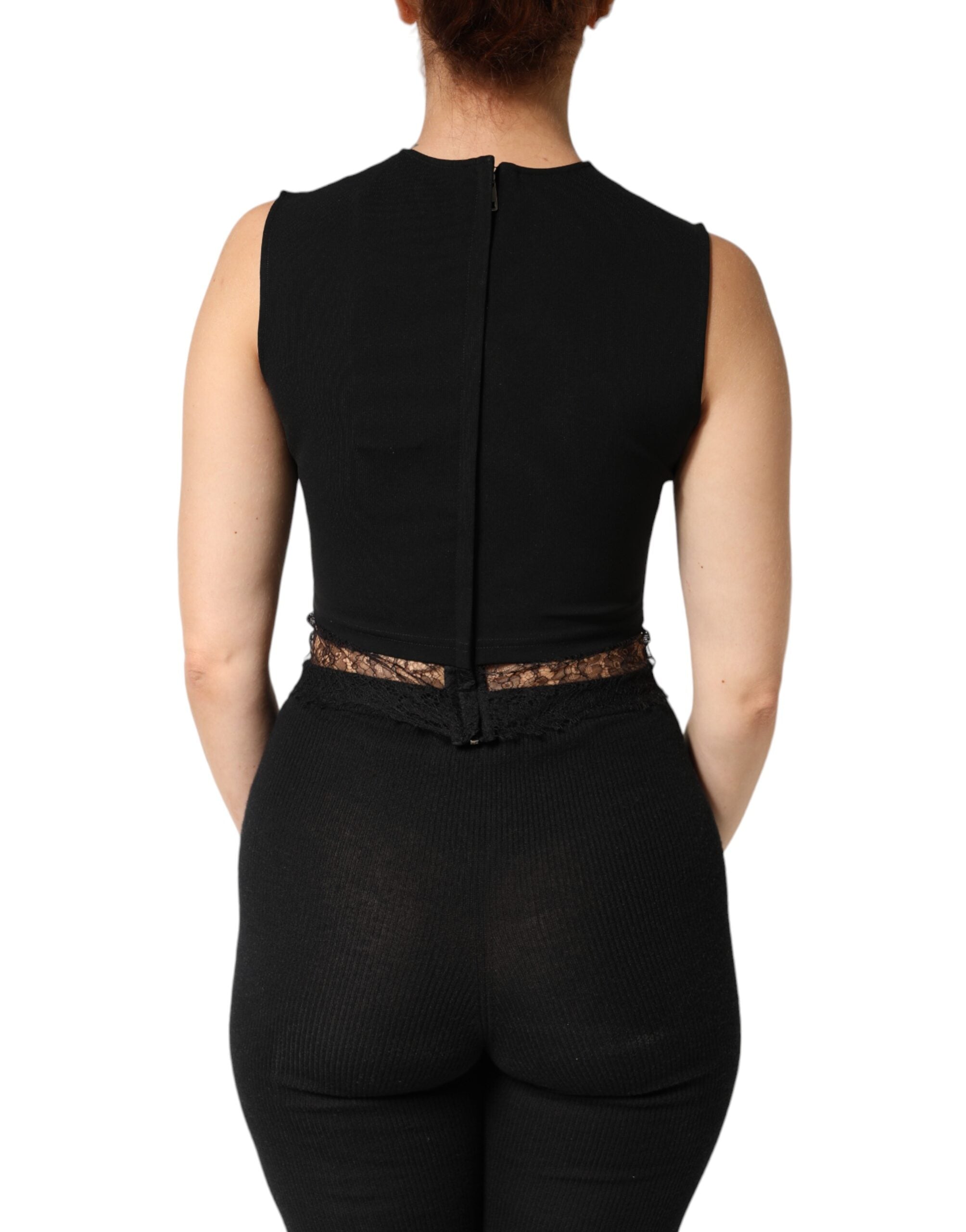 Dolce & Gabbana Black Jersey Lace Ruching Rhinestone Tank Top Dolce & Gabbana