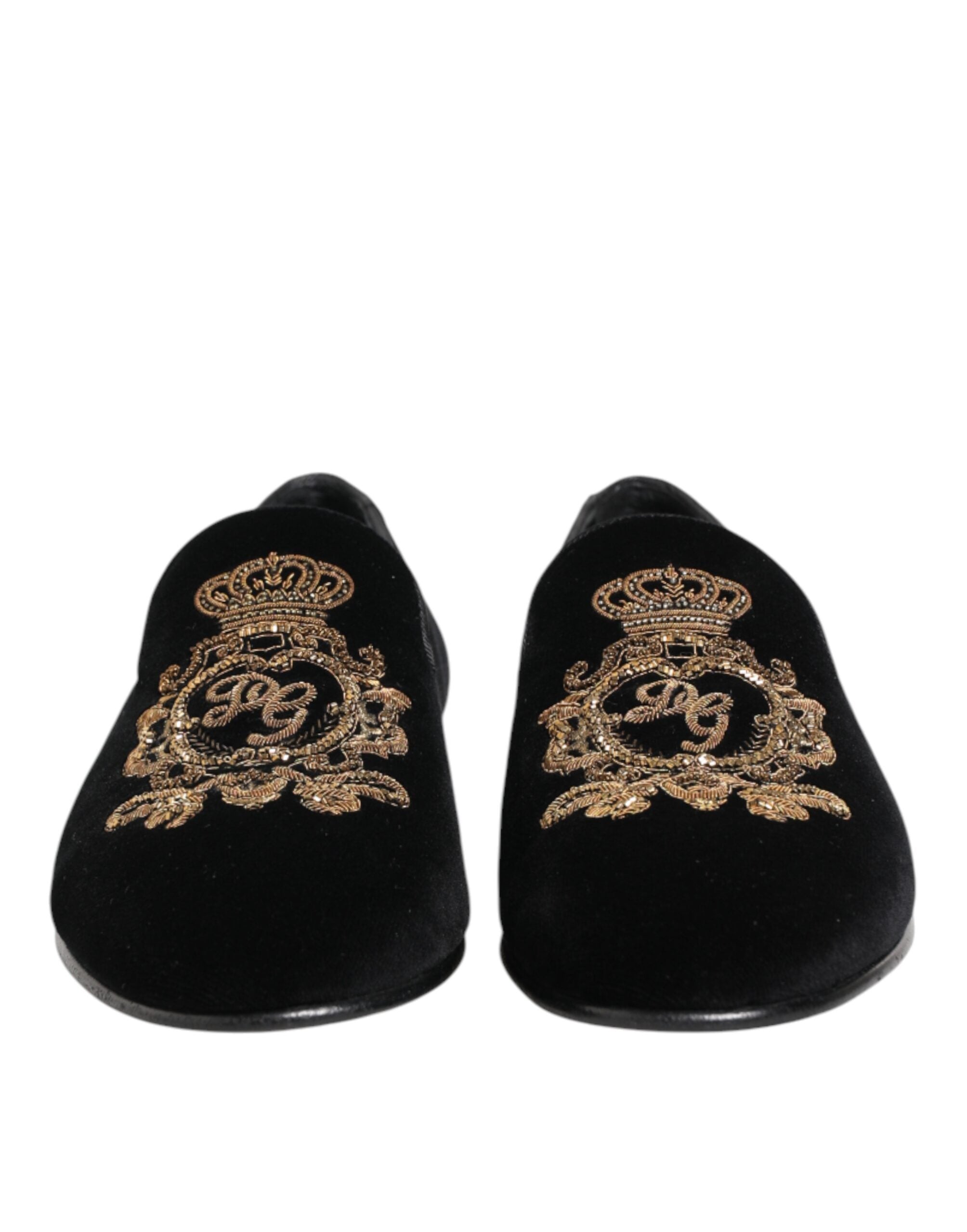Dolce & Gabbana Black Velvet Gold Crown Mens Loafers Shoes Dolce & Gabbana