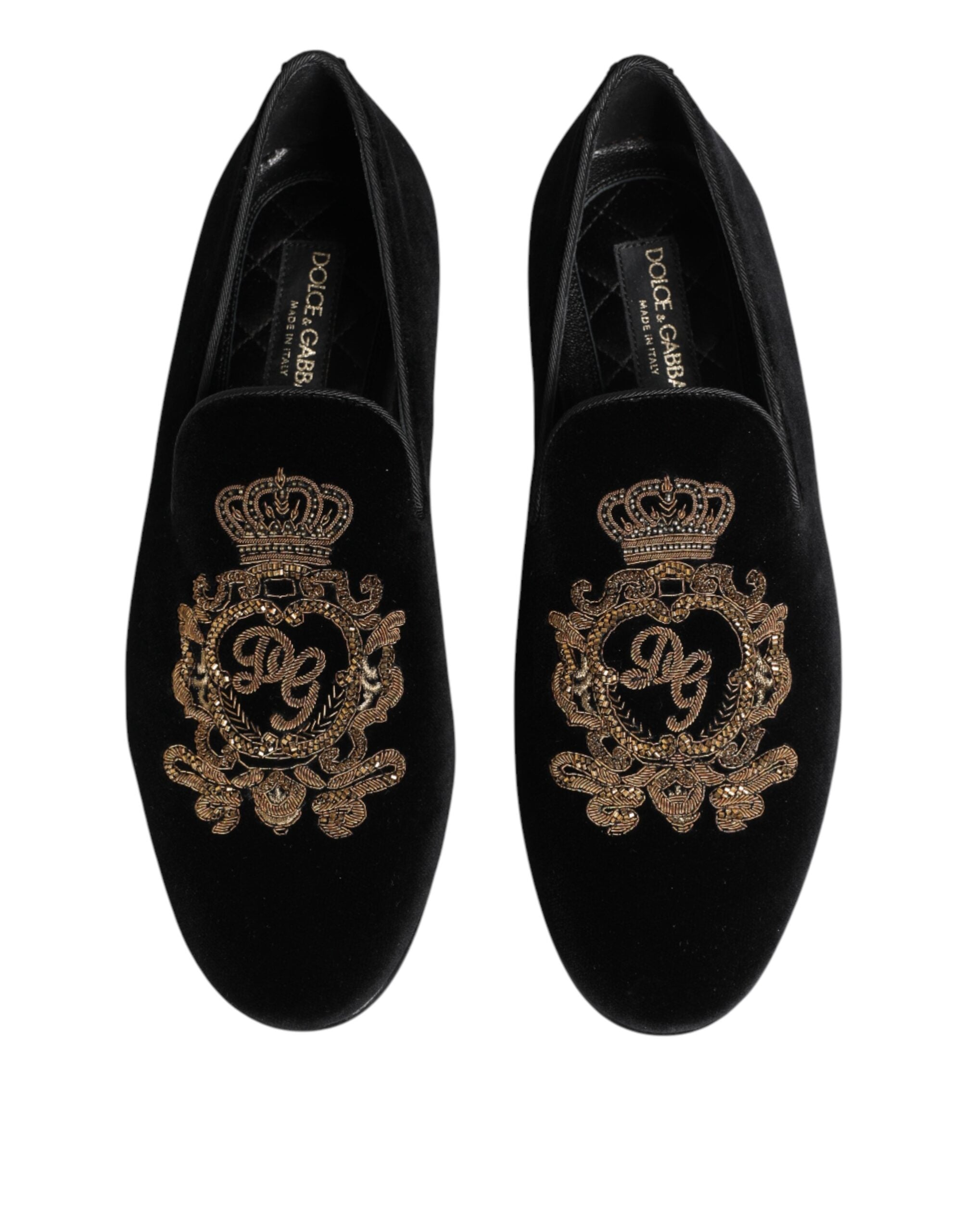 Dolce & Gabbana Black Velvet Gold Crown Mens Loafers Shoes Dolce & Gabbana