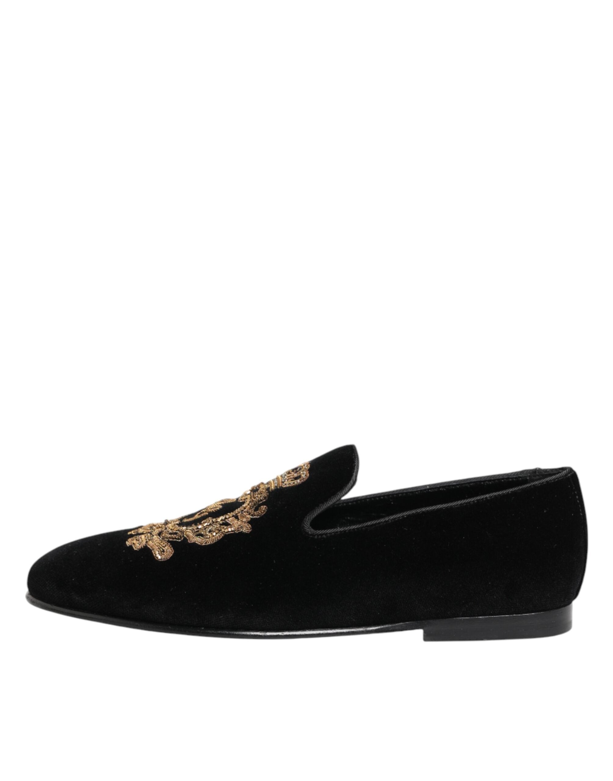 Dolce & Gabbana Black Velvet Gold Crown Mens Loafers Shoes Dolce & Gabbana