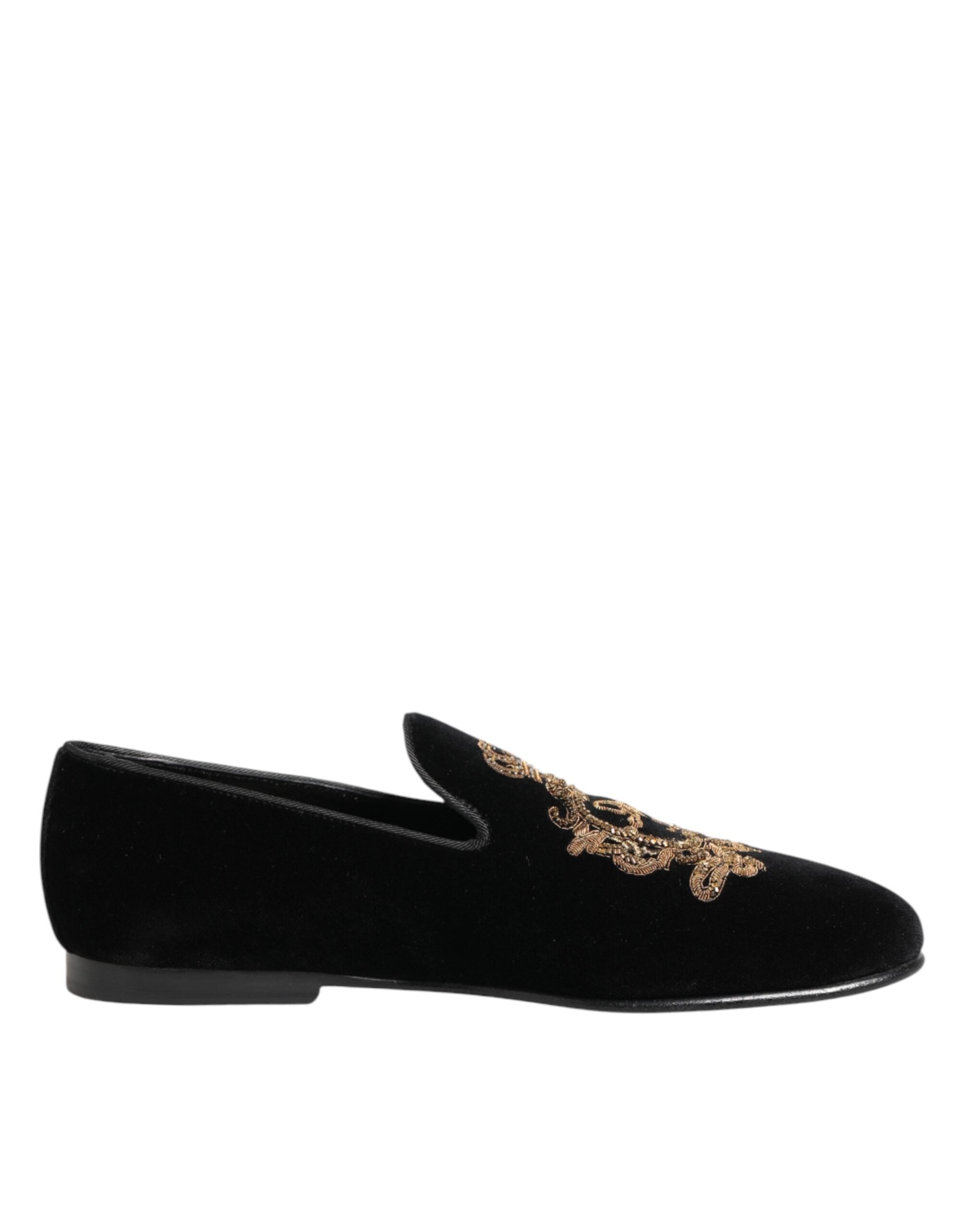 Dolce & Gabbana Black Velvet Gold Crown Mens Loafers Shoes Dolce & Gabbana