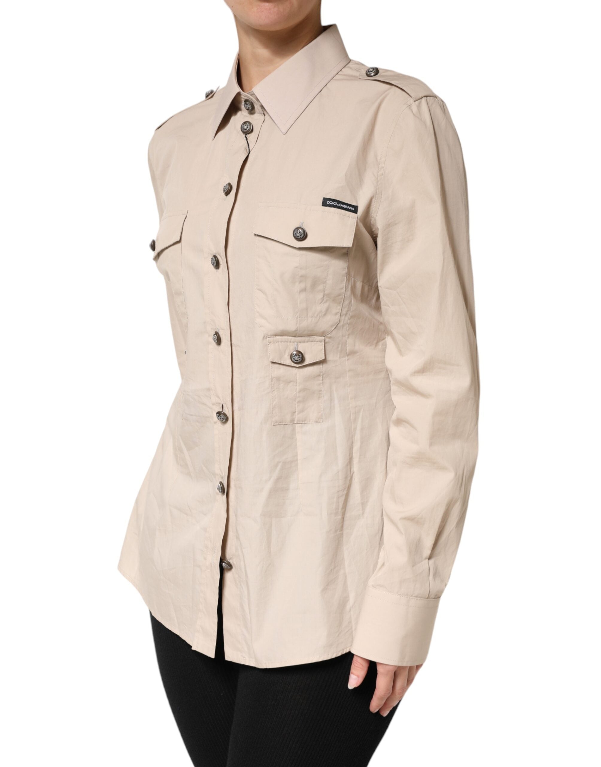 Dolce & Gabbana Beige Collared Long Sleeve Cotton Shirt Top Dolce & Gabbana