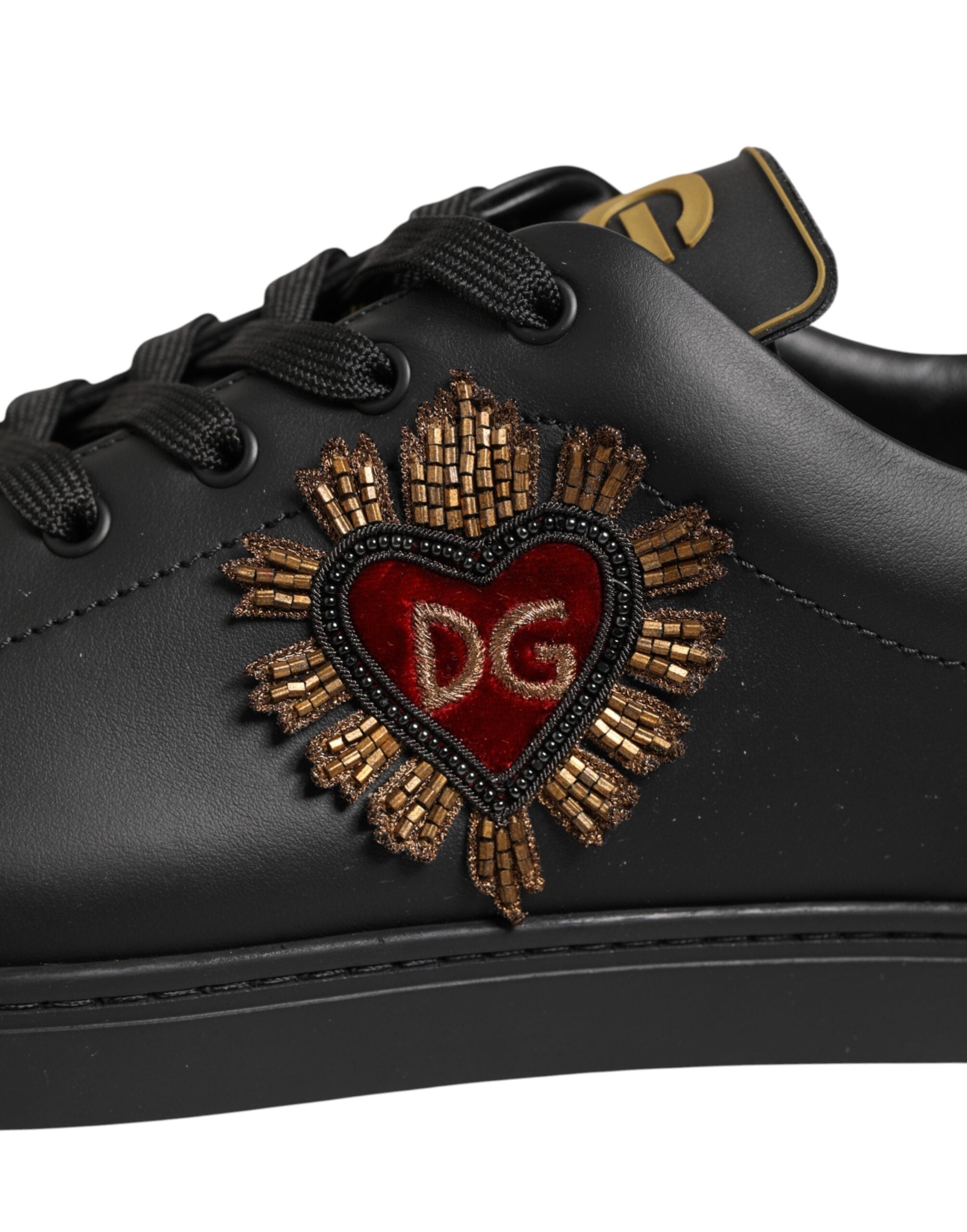 Dolce & Gabbana Black Leather Heart Embellished Sneakers Shoes Dolce & Gabbana
