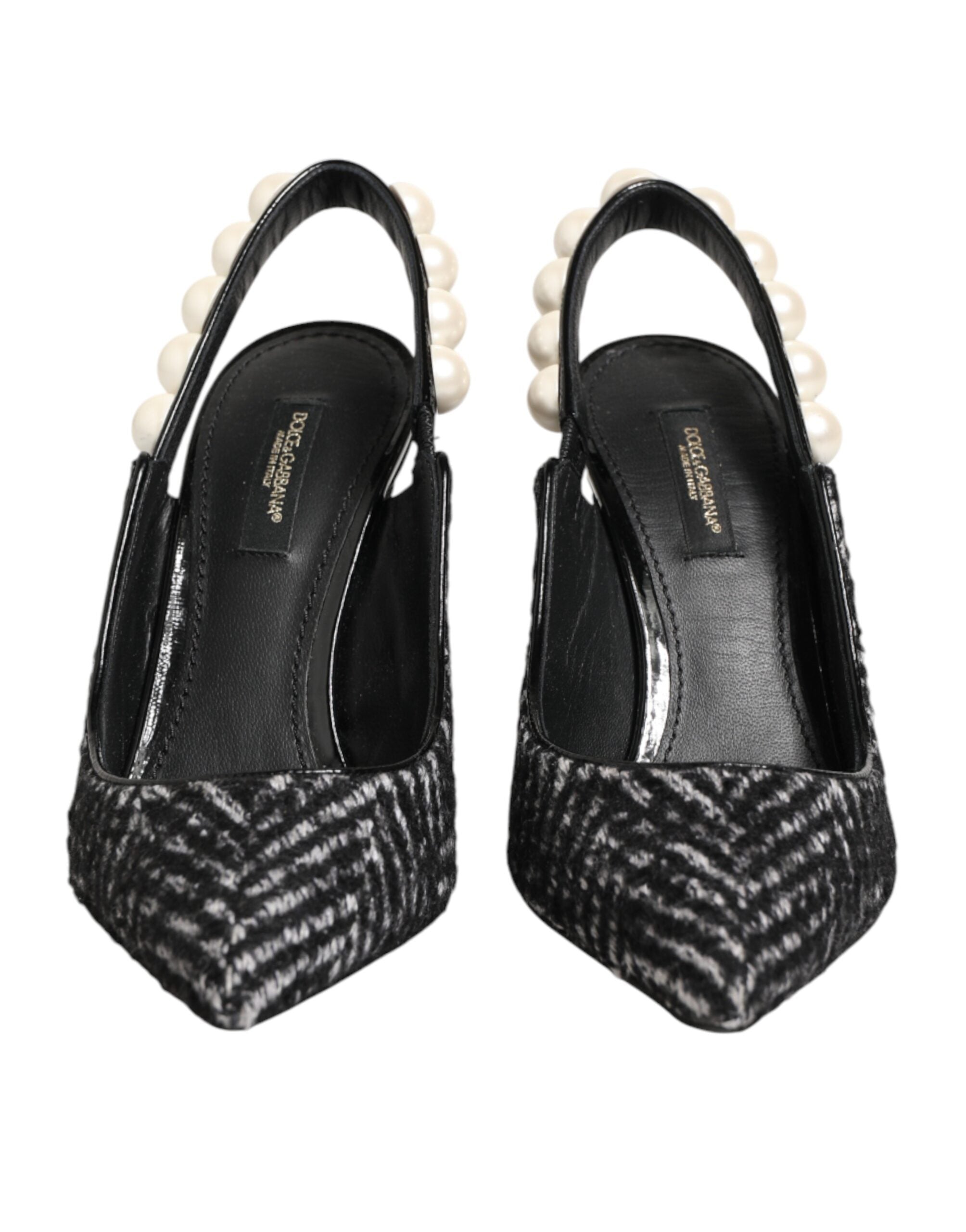 Dolce & Gabbana White Black Chevron Faux Pearl Slingbacks Shoes Dolce & Gabbana