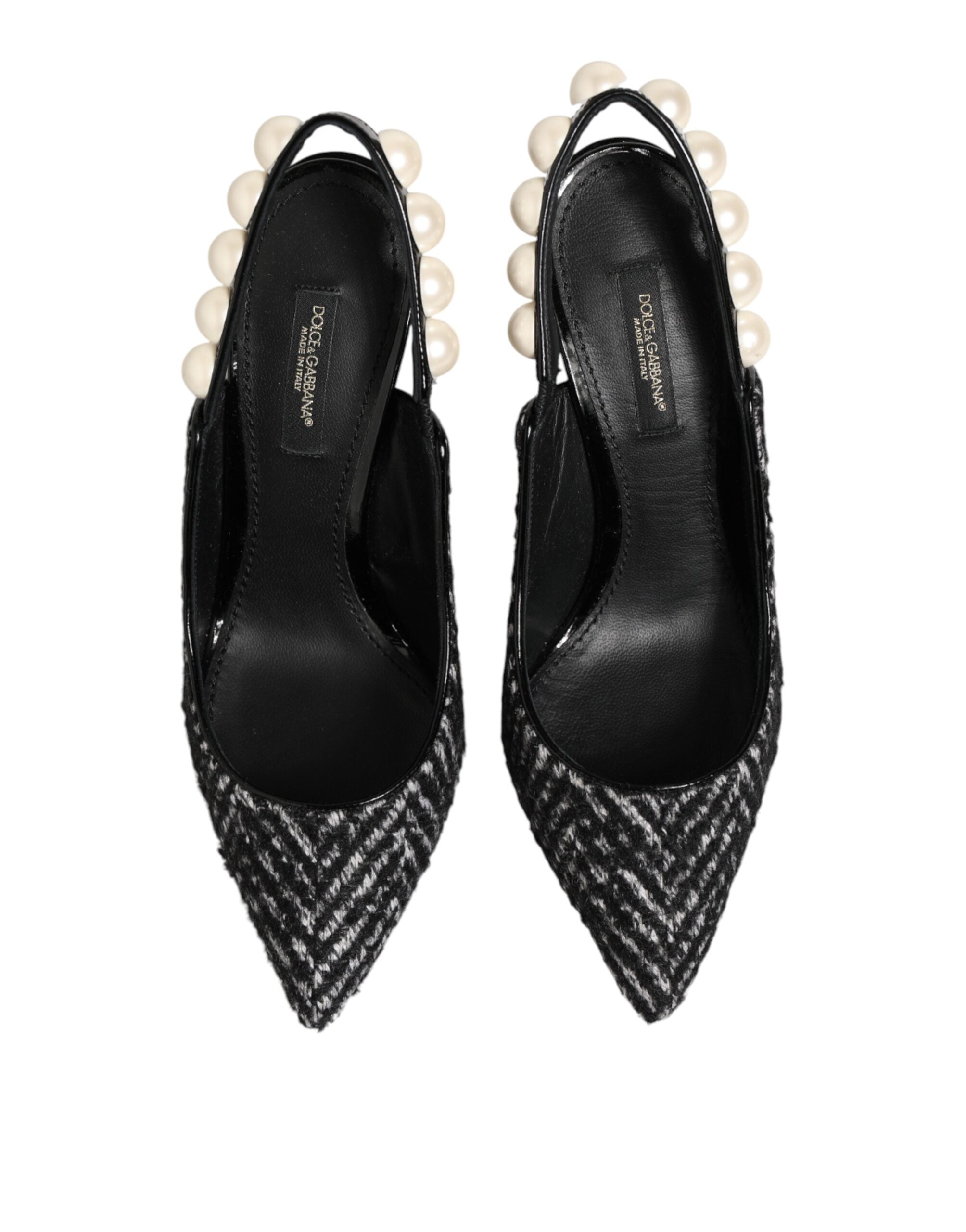 Dolce & Gabbana White Black Chevron Faux Pearl Slingbacks Shoes Dolce & Gabbana