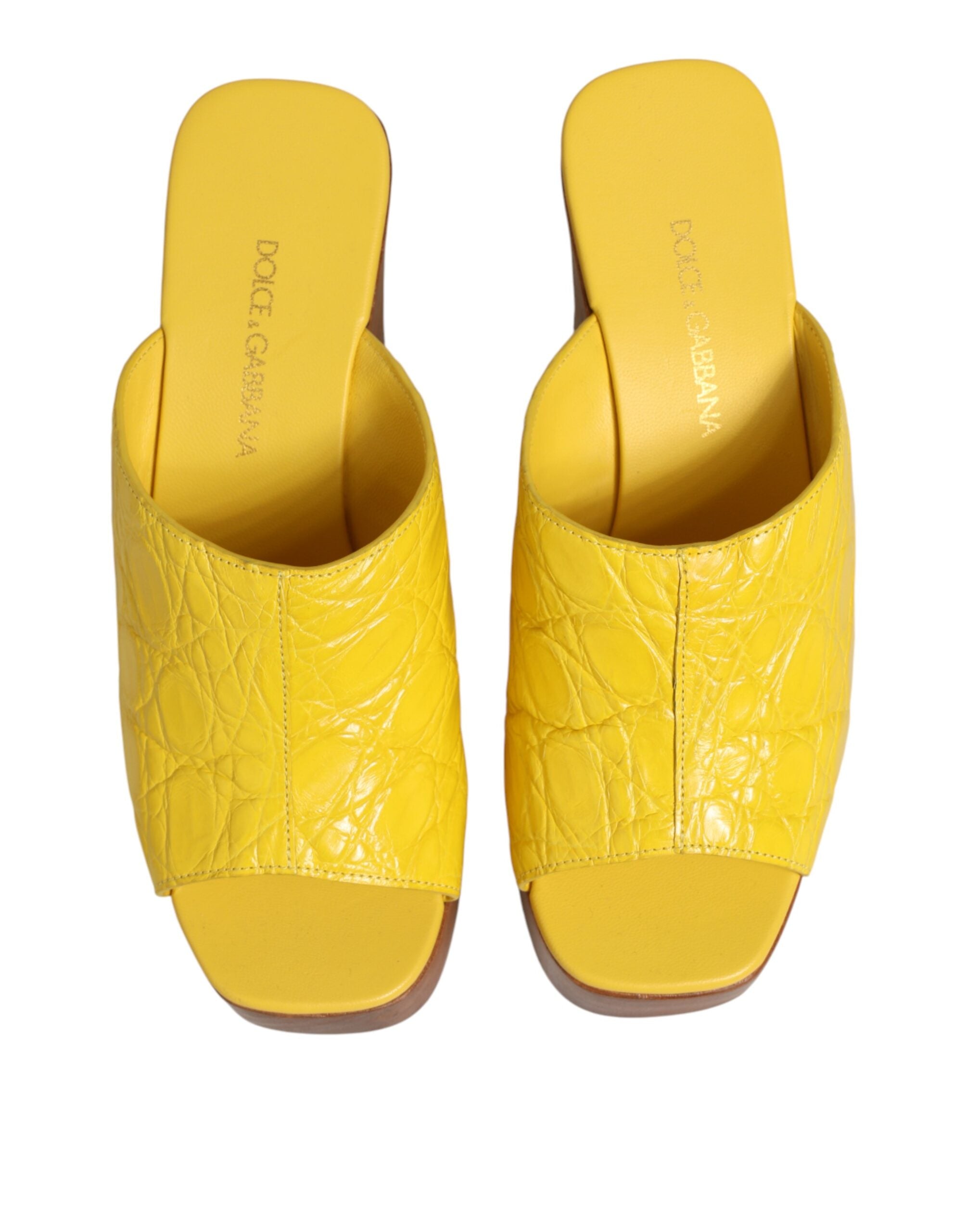 Dolce & Gabbana Yellow Leather Wood Mule Wedge Slides Shoes Dolce & Gabbana