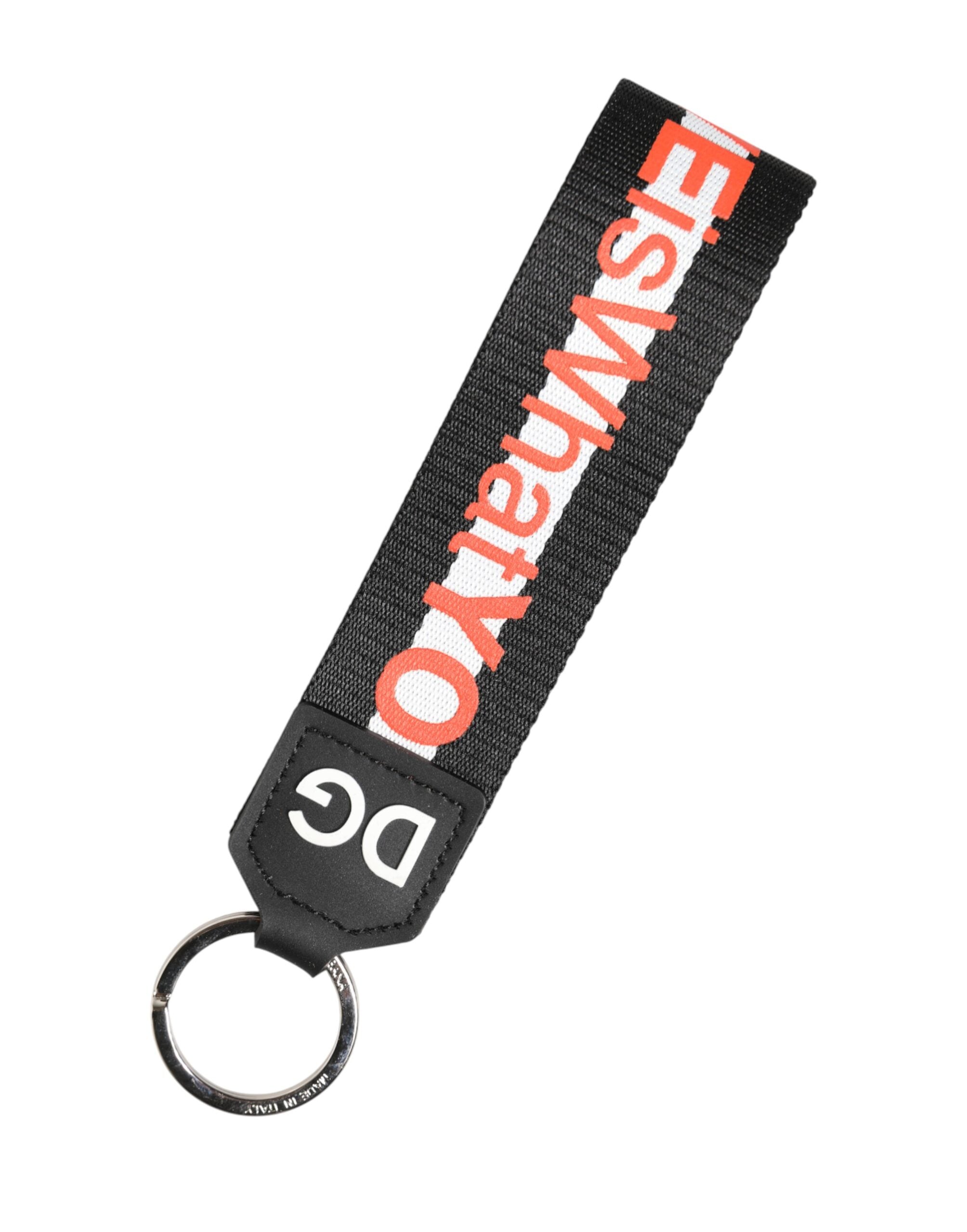 Dolce & Gabbana Black Logo Polyester Silver Brass Holder Keychain Keyring Dolce & Gabbana