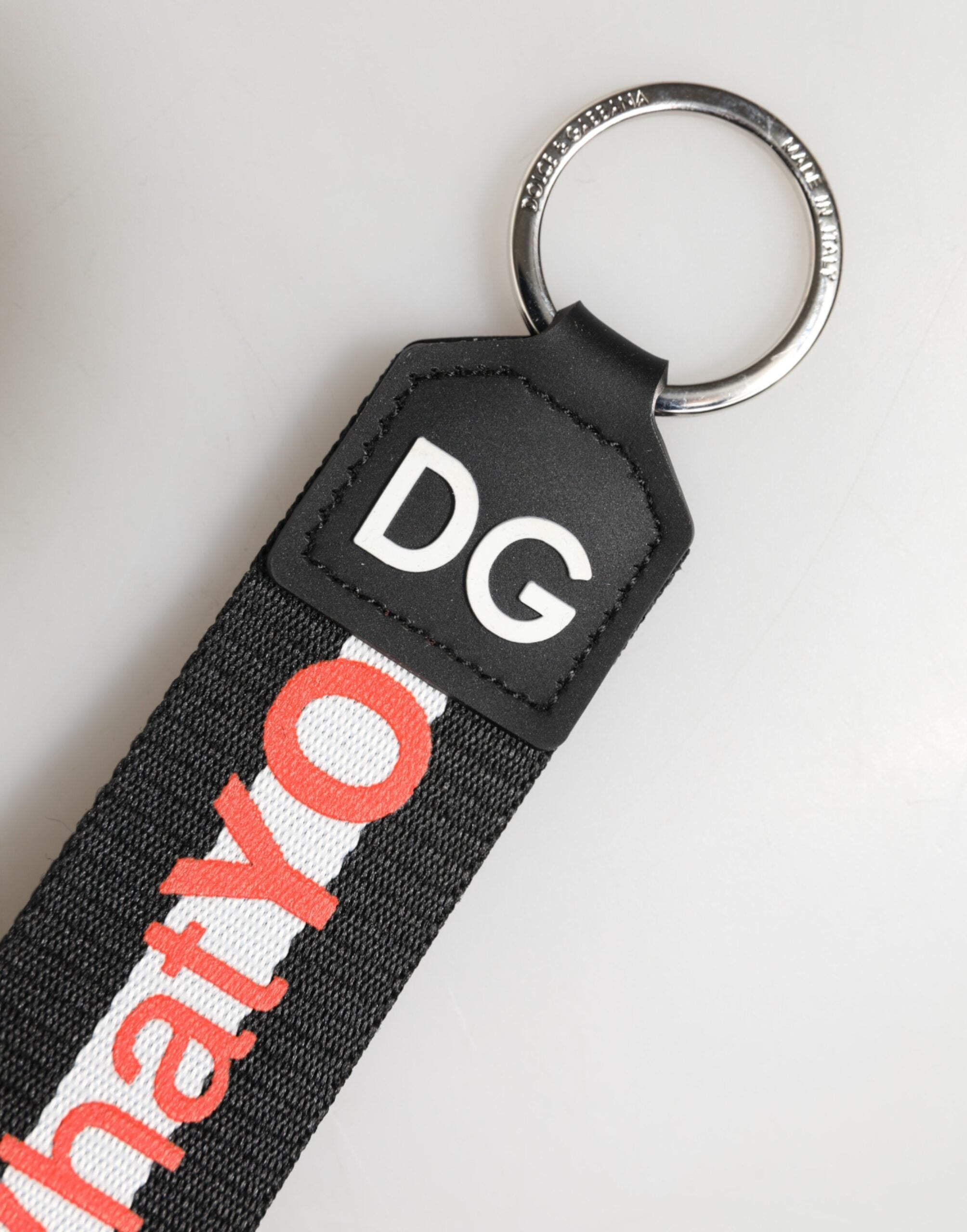 Dolce & Gabbana Black Logo Polyester Silver Brass Holder Keychain Keyring Dolce & Gabbana