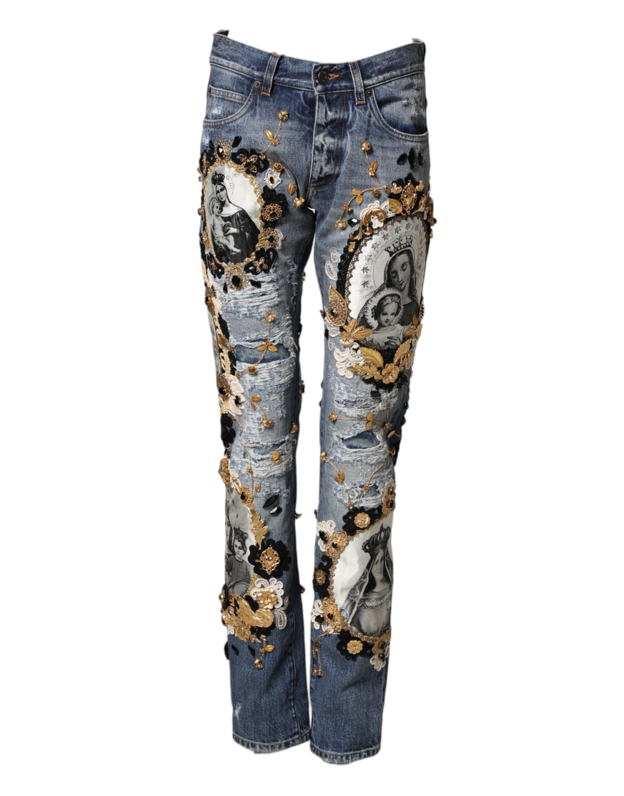 Dolce & Gabbana Blue Ripped Embellished Cotton Denim Jeans Dolce & Gabbana