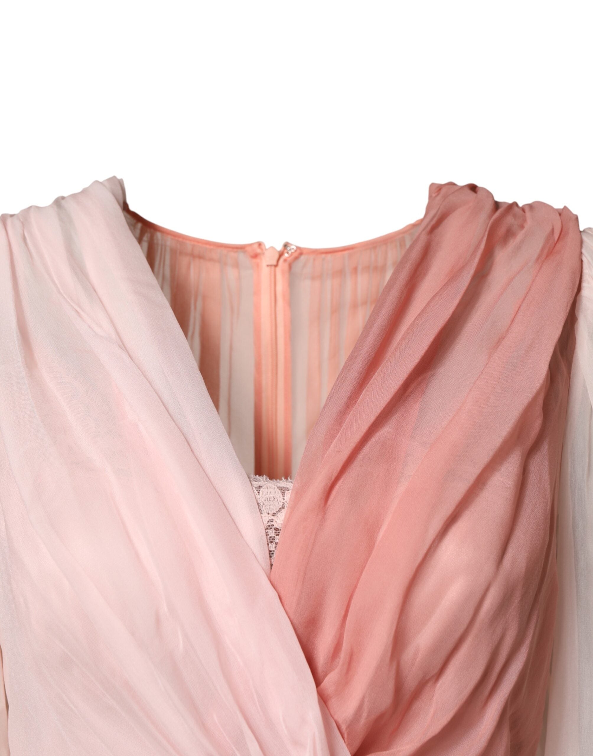 Dolce & Gabbana Pink Silk Tulle Long Sleeve V-neck Dress Dolce & Gabbana