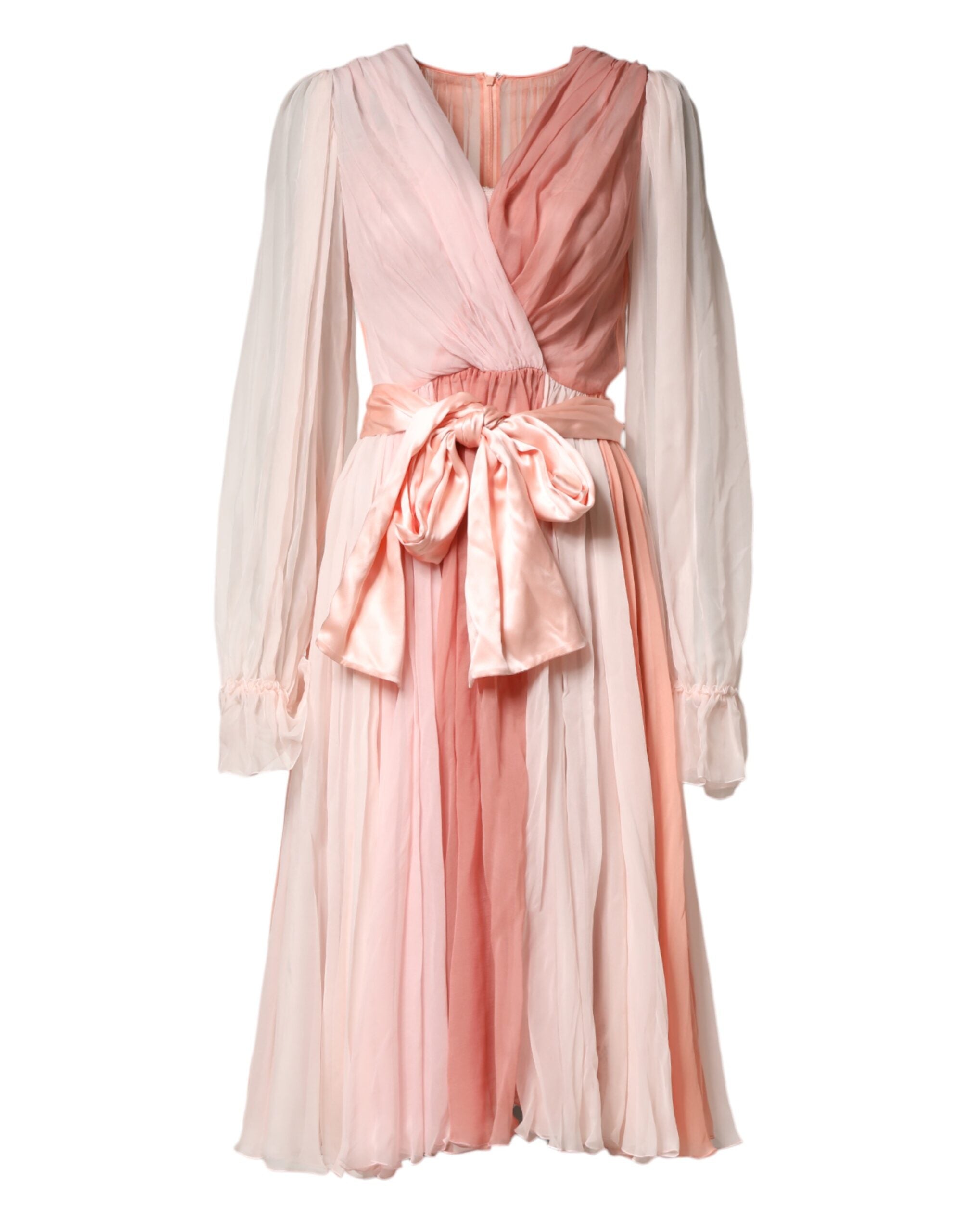 Dolce & Gabbana Pink Silk Tulle Long Sleeve V-neck Dress Dolce & Gabbana